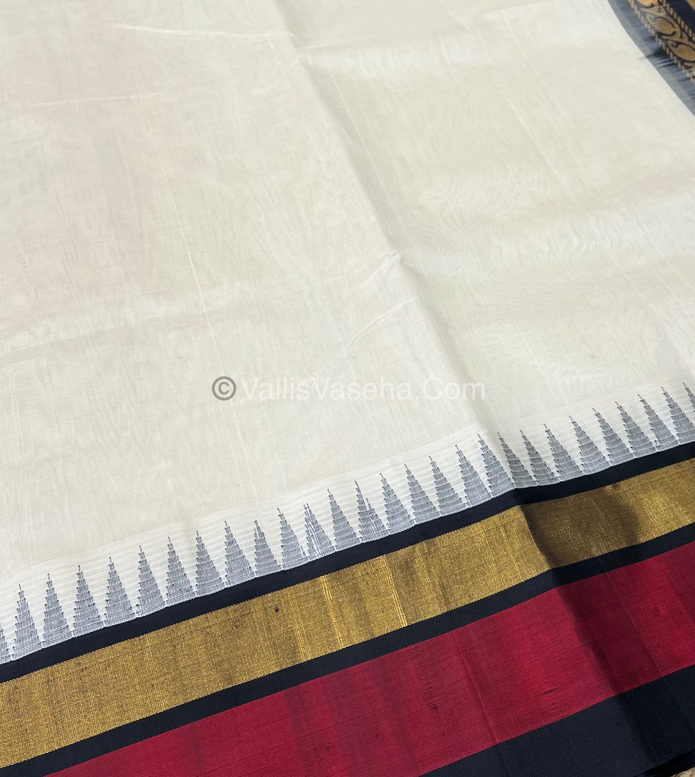 Pure Korvai Silk Cotton Saree - Cream With Black Shade Temple border - VVKSC001