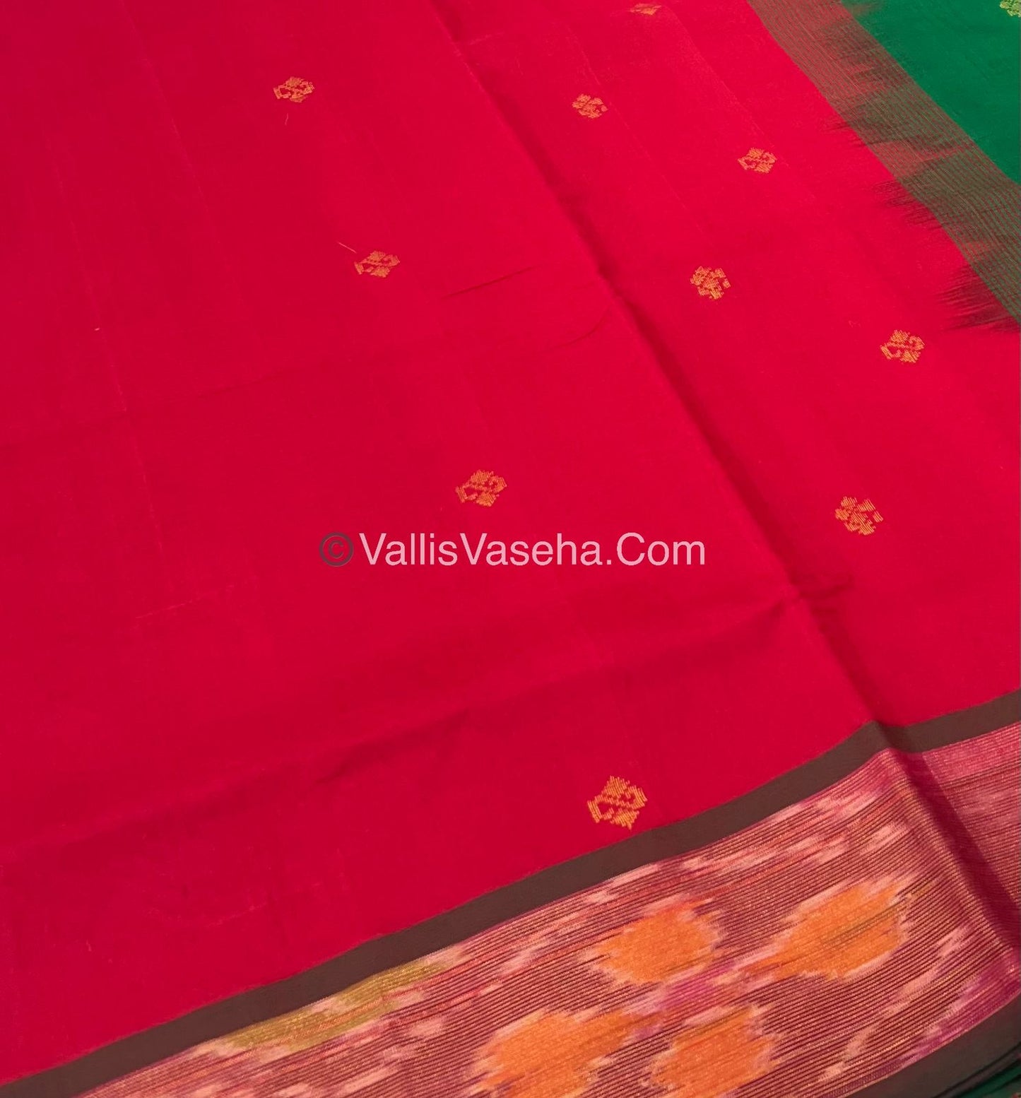 Semi Silk Cotton Saree - Red & Green - VVSSC001