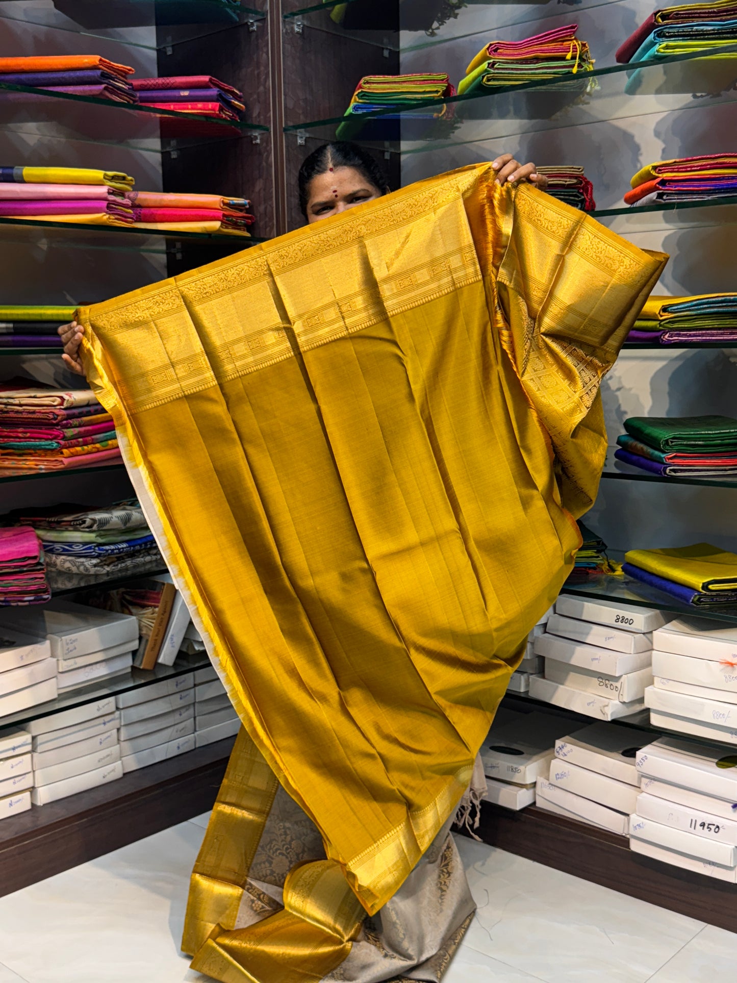 Pure Soft Silk Saree - Greyish Cream with Mustard Yellow - VVPSS023