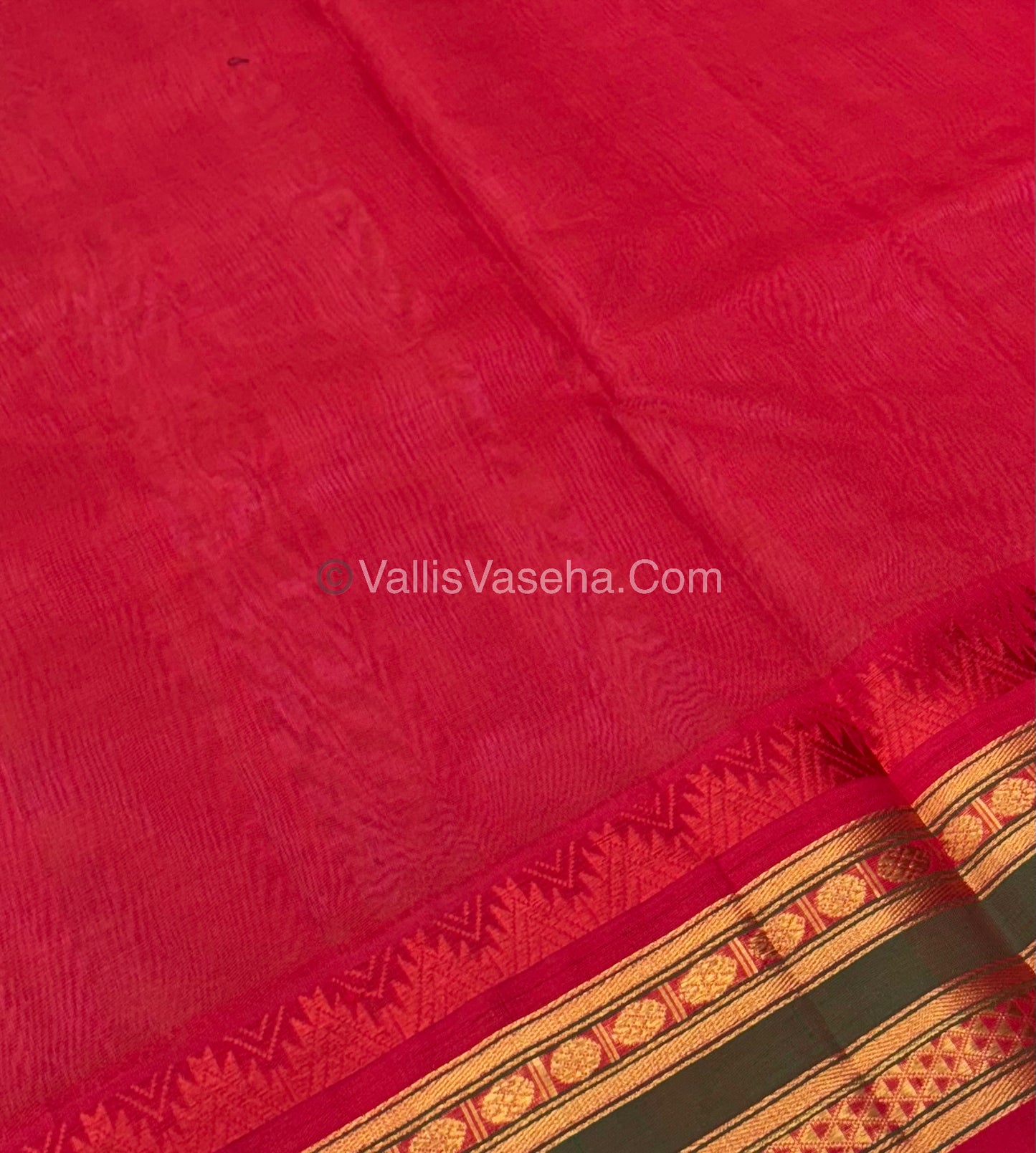 Pure Korvai Silk Cotton - Checks Pattern - Peach with Red Shade - VVKSC015