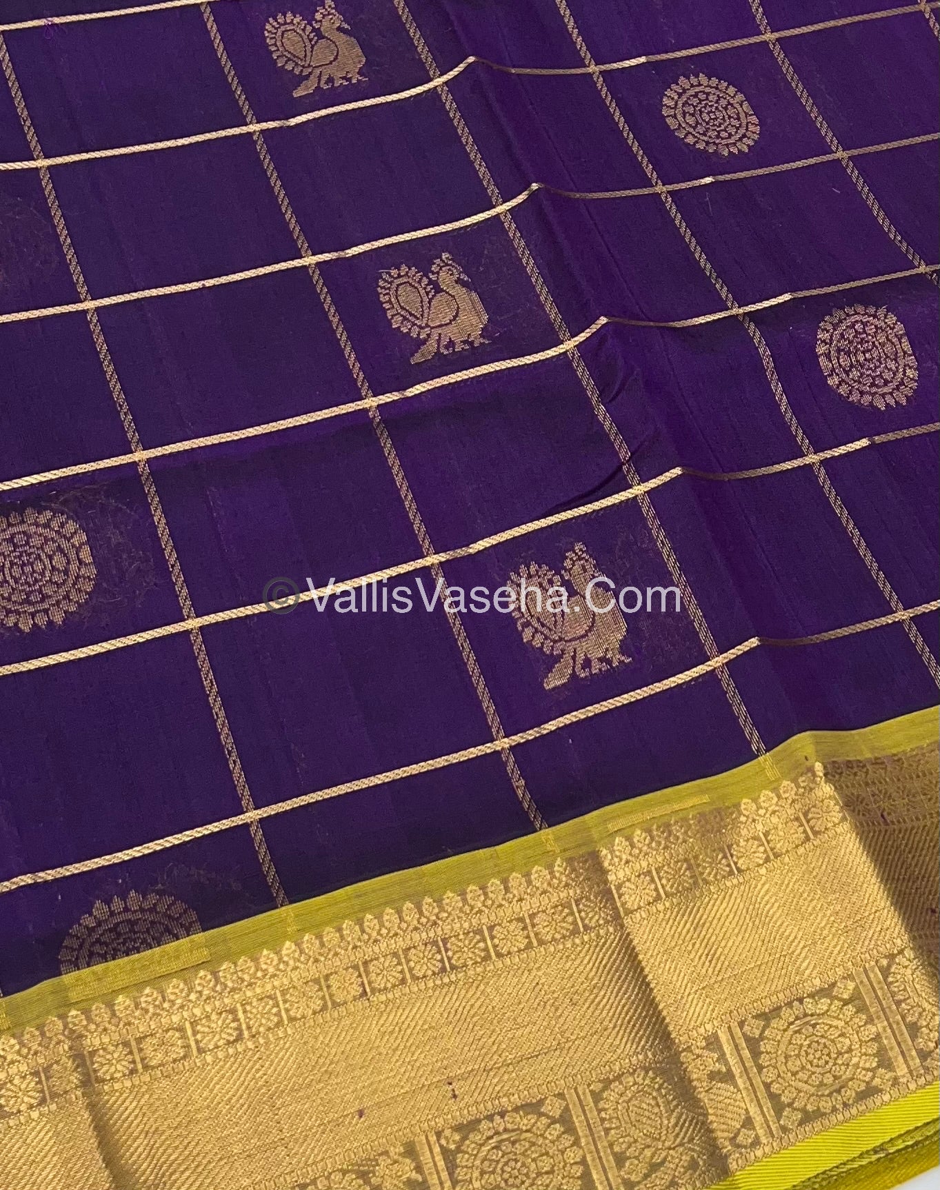 Pure Silk Cotton Saree - Mayil & Chakkaram Design - Dark Purple & Yellow - VVMC001