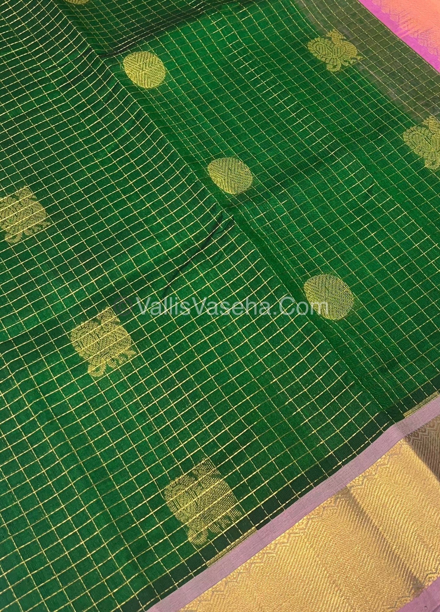 Pure Silk Cotton Saree - Mayil & Chakkaram Design - Green With Peachish Pink Combo - VVMC002