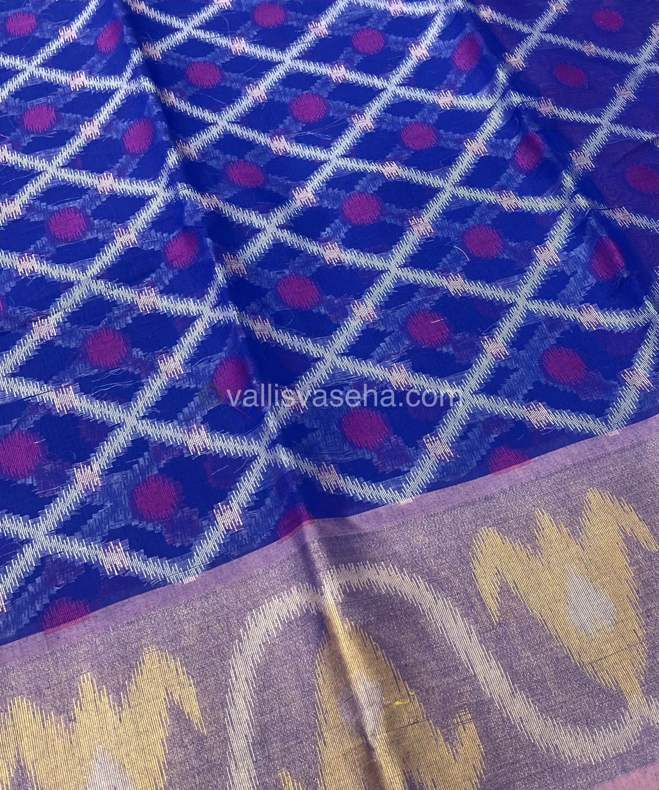 Banarasi Pochampally Weaving Semi Soft Cotton Saree - Blue with Pink - VVBPS001