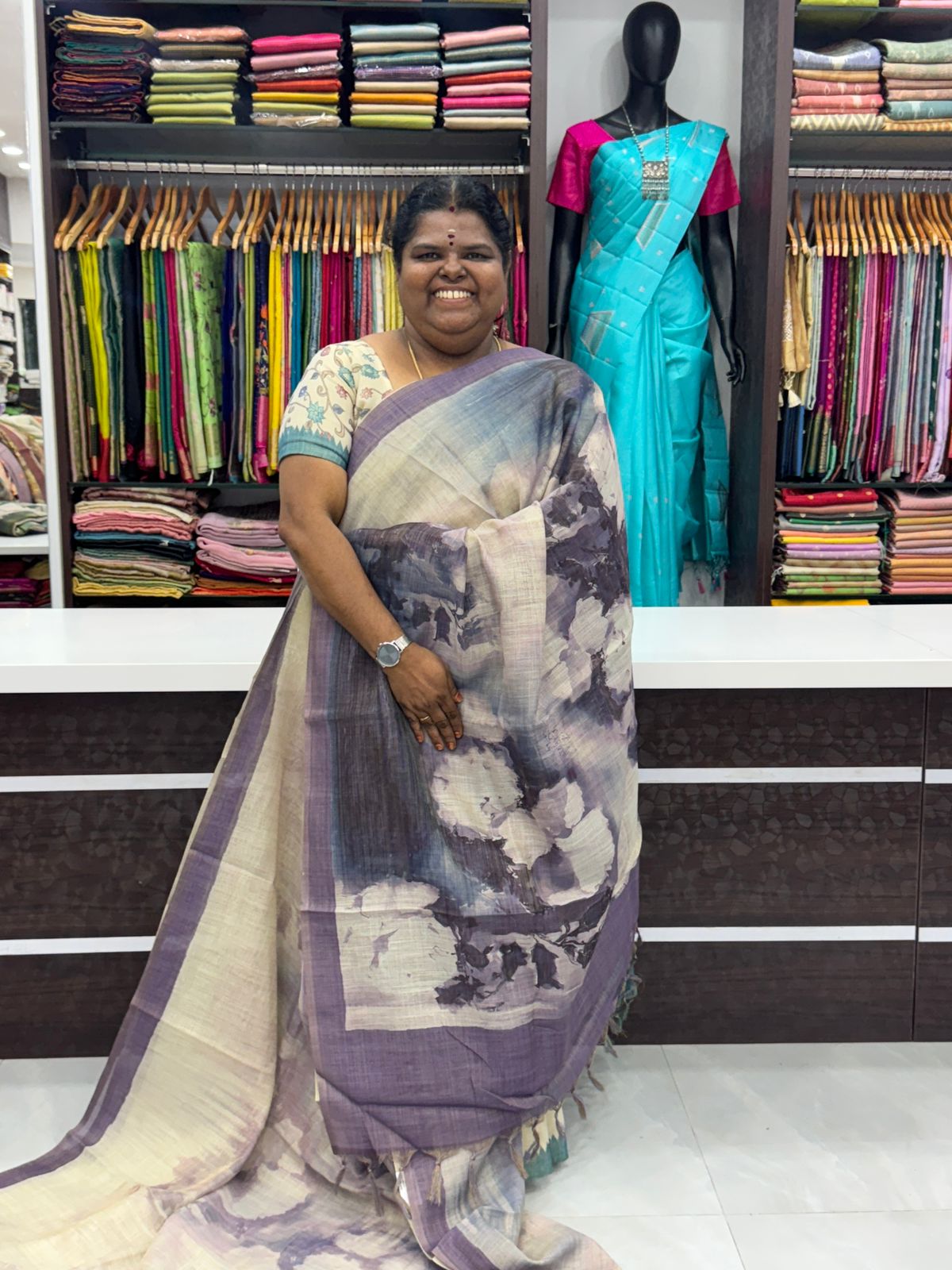 Tissue Linen Saree - Cloud Design - Light Purple Shade - VVTLS002