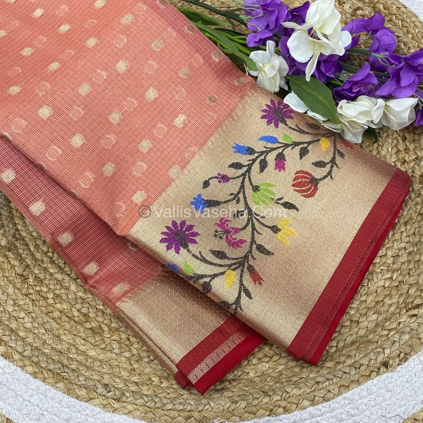 Kota Saree - Paithani Border - Peach with Red - VVKPS001