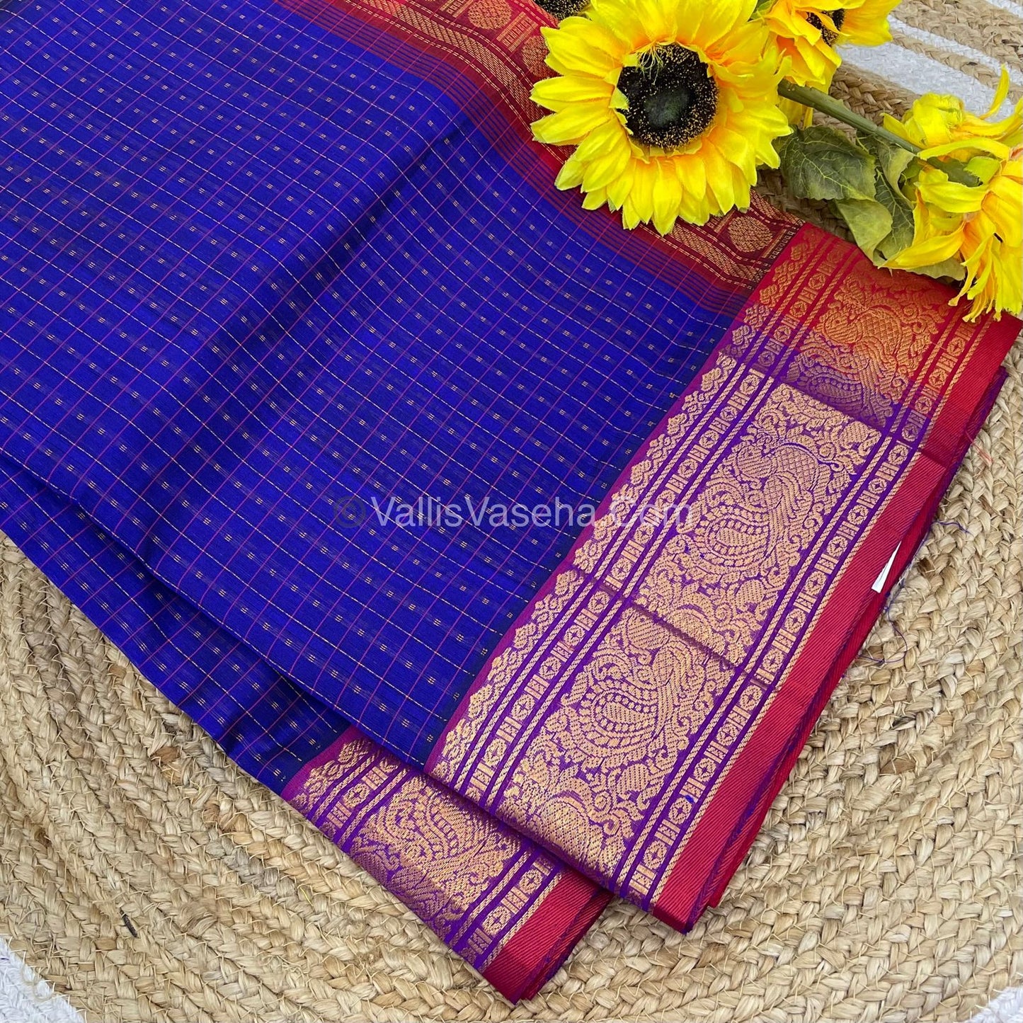 Pure Silk Cotton Saree - Blue with Red - Lakshadeepam Design - VVPLD001