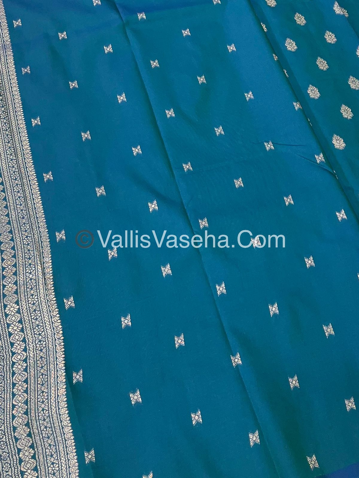 Semi Soft Silk - Peacock Butta Border - Peacock blue Shade -VVSSS014