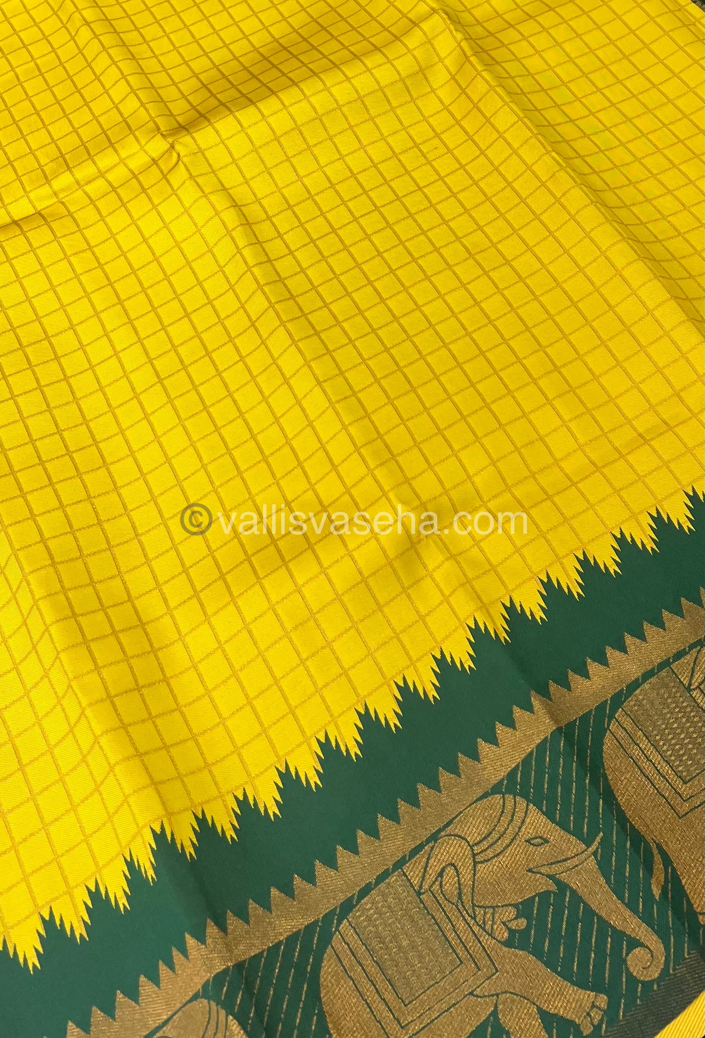 Semi Silk Saree - Kanchi Silk Style - Elephant Border - Yellow with Green - VVSSS005