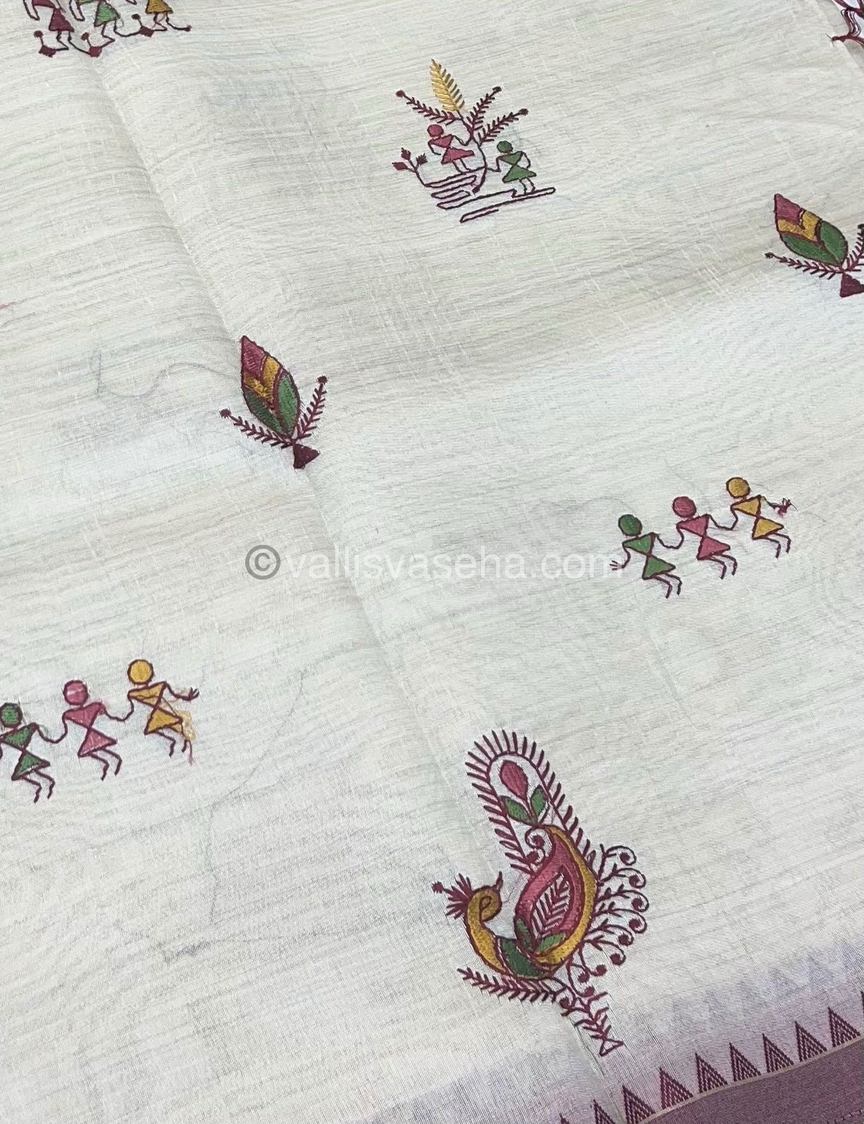 Semi Tussar Embroidery - Cream with Merun Combo - VVSTE001