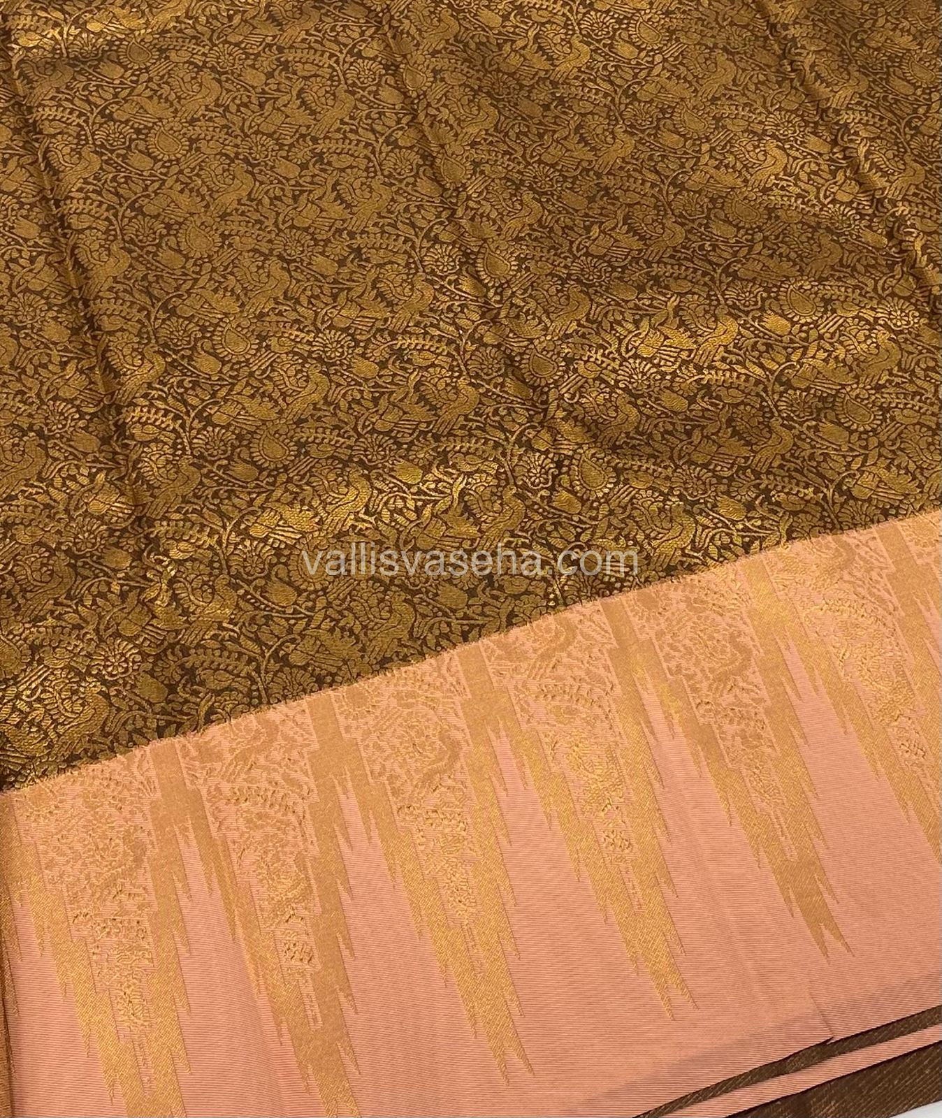 Kanchi Semi Silk - Brown With Peach - Temple Border - VVKSS003