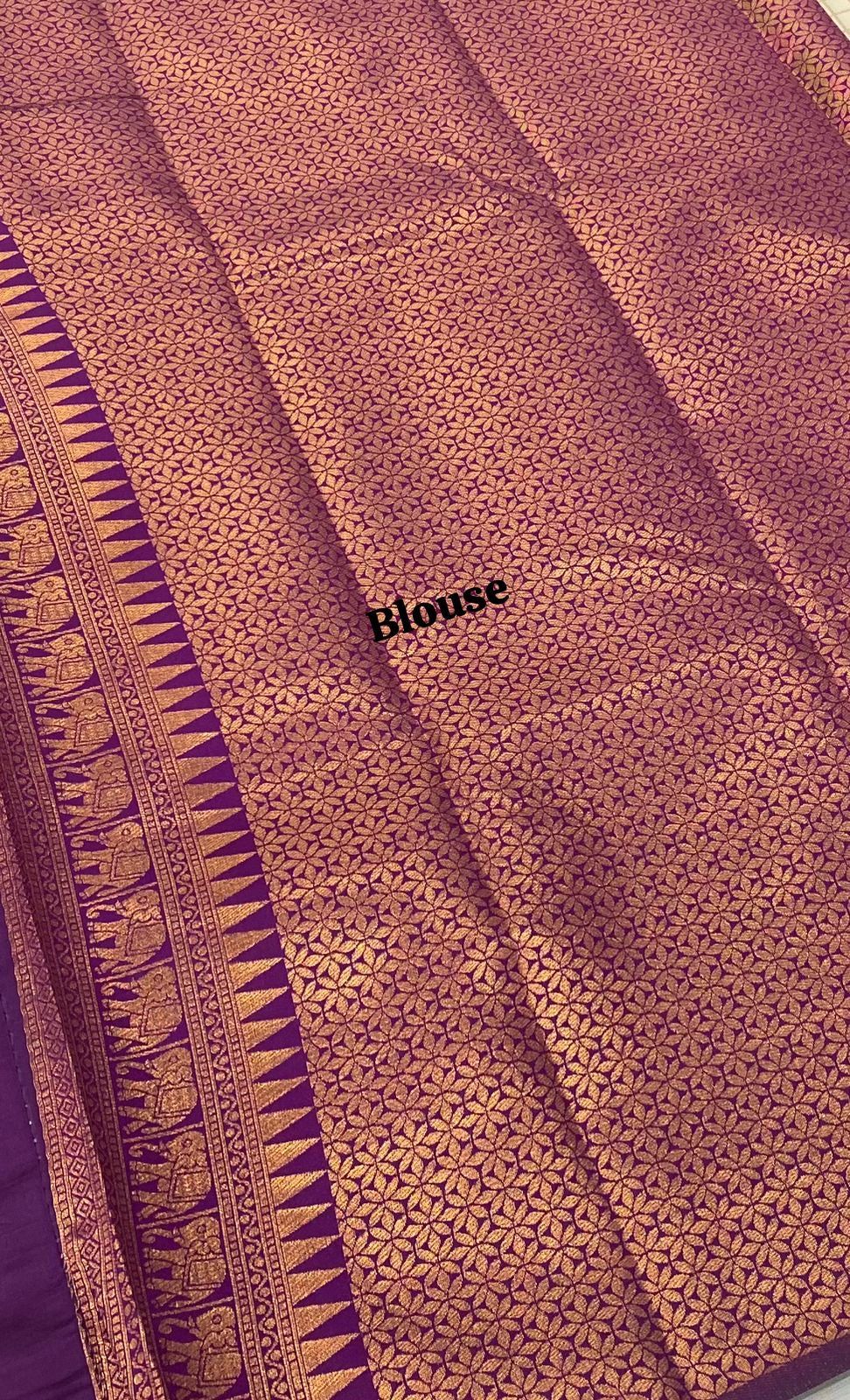 Semi Silk Saree - Kanchi Silk Style - Elephant Border - Creamish Grey with Purple - VVSSS005