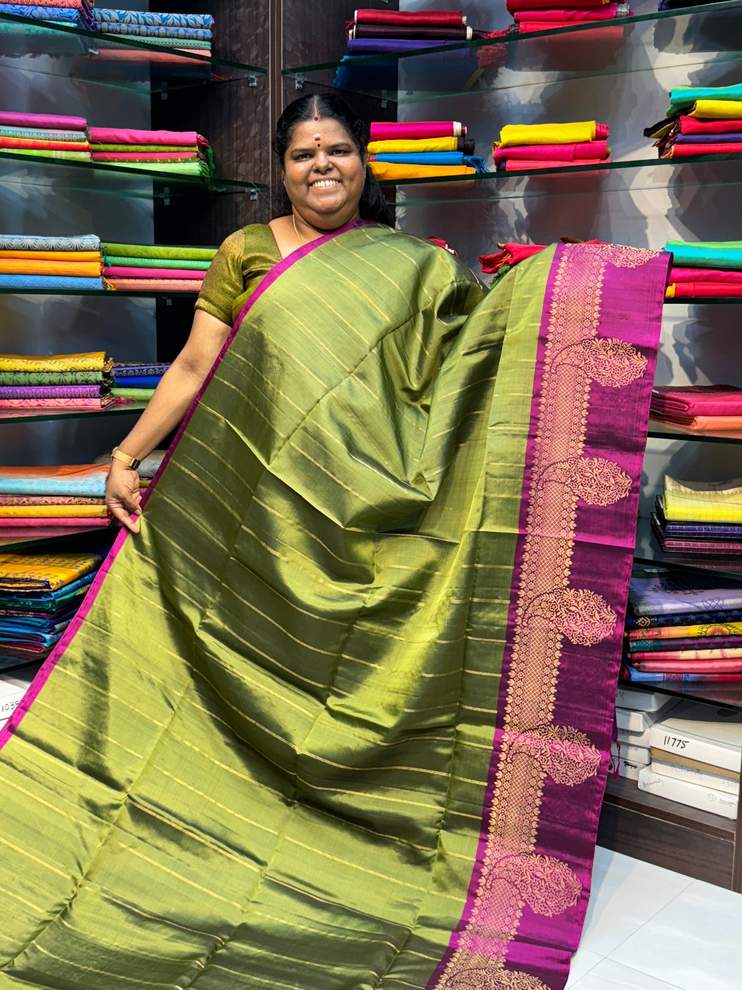 Pure Soft Silk Saree - Green with Purplish Pink - VVPSS022