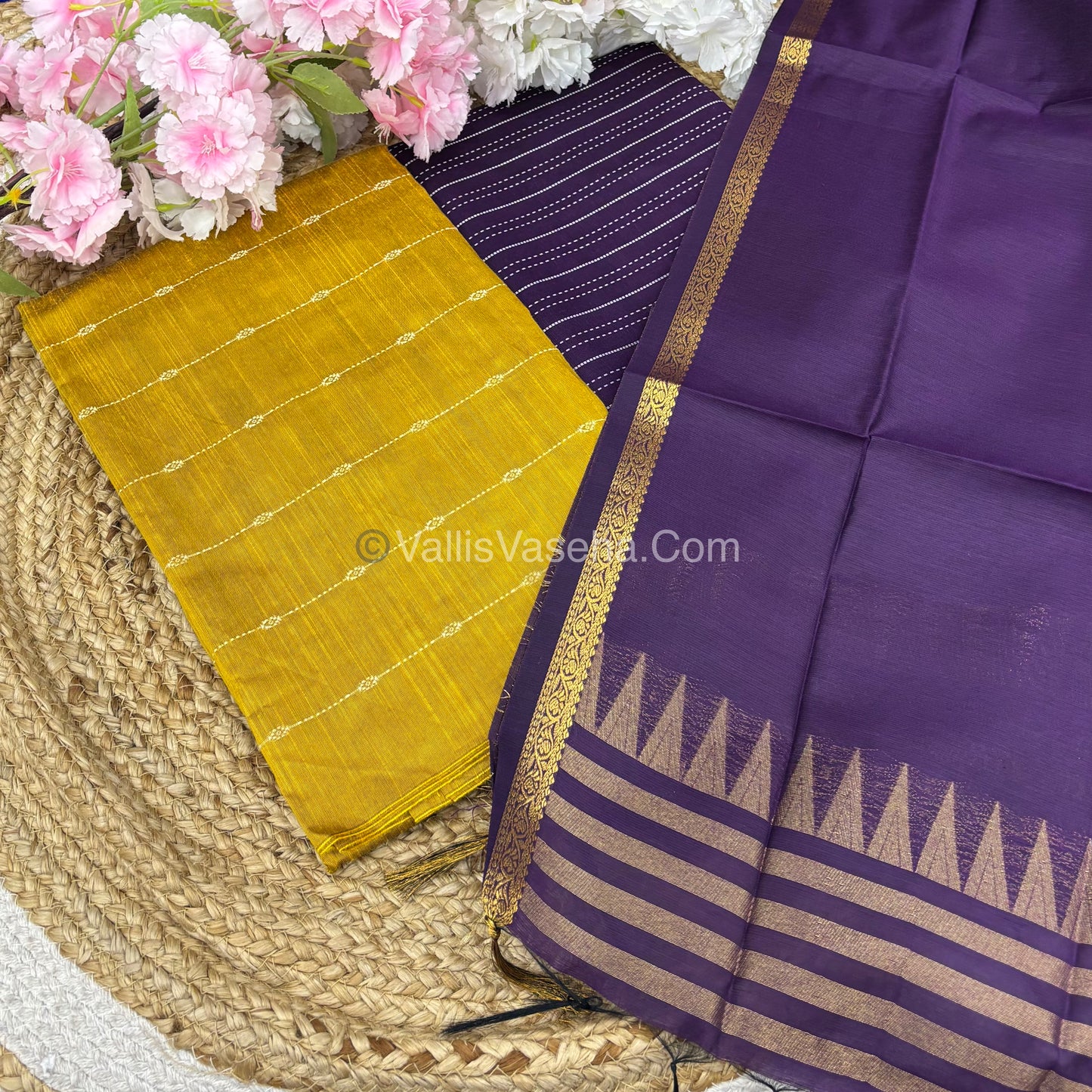 Unstitched Salwar Material -Raw Silk - Yellow with Purple Shade - VVUSM004