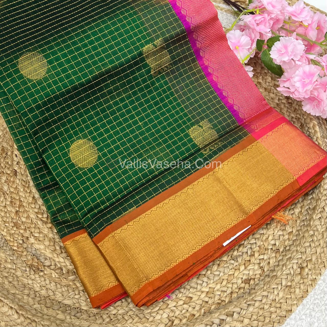 Pure Silk Cotton Saree - Mayil & Chakkaram Design - Green With Pink Shade - VVMC001