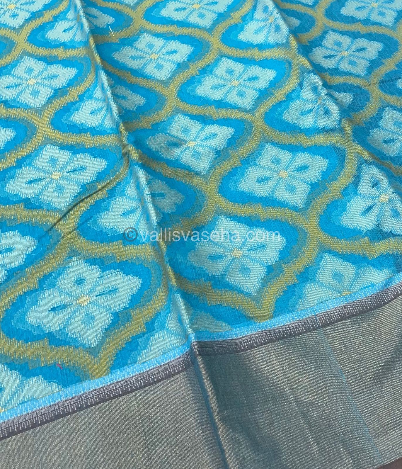 Banarasi Pochampally Weaving Semi Soft Cotton Saree - Blue with Brown - VVBPS001