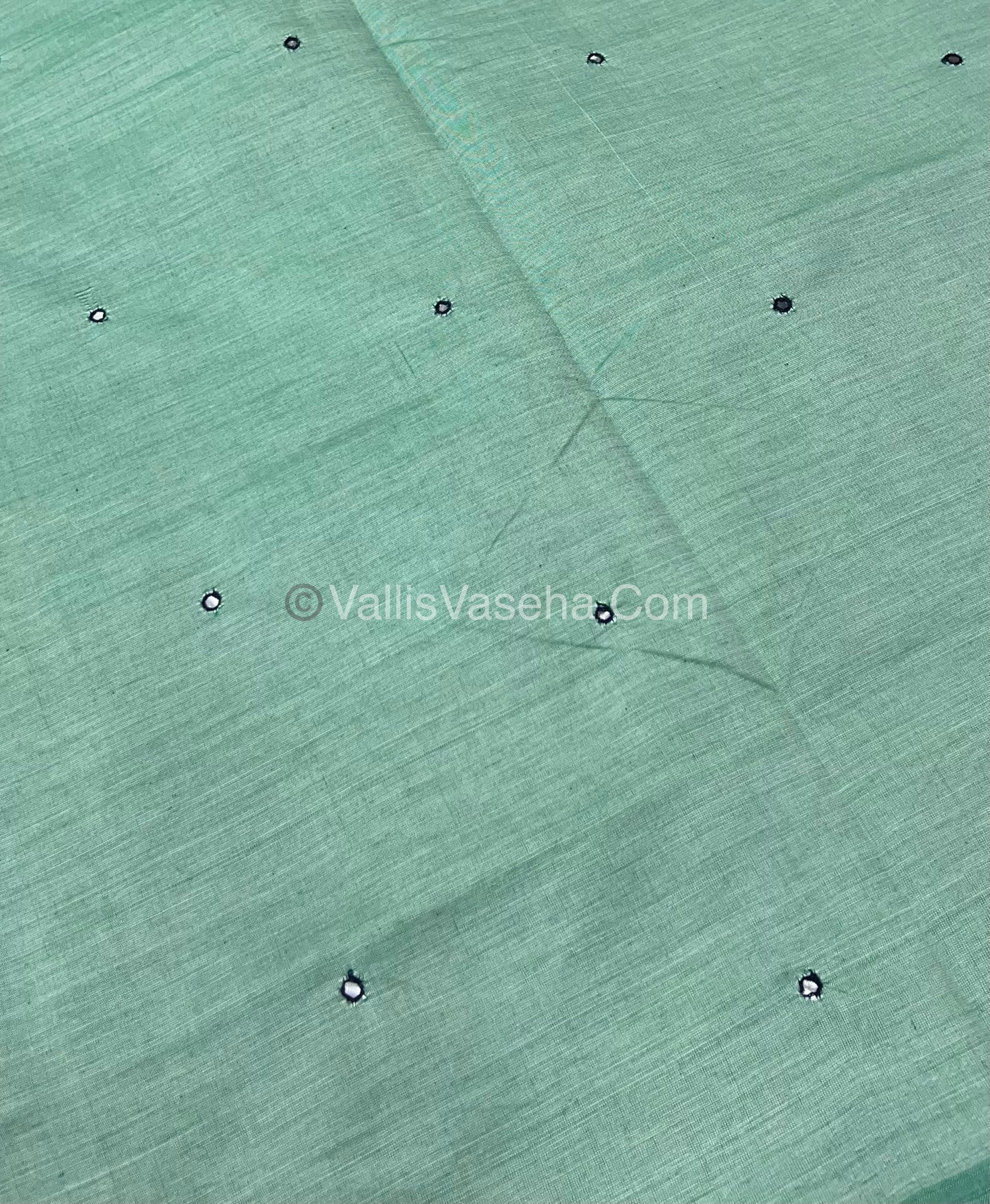 South Mixed Cotton - Mirror Work Embroidery - Light Pastel Green With Blue - VVPCM002