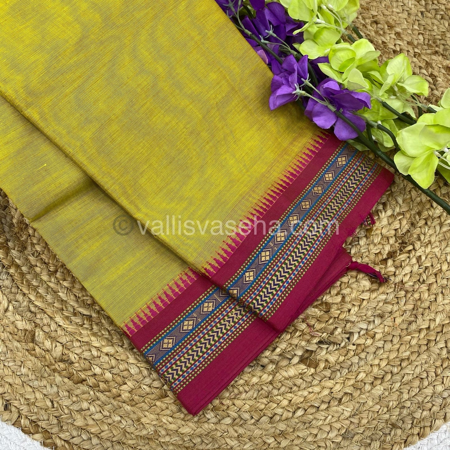 Kanchi Cotton Saree - Lemon Yellow with Pink - VVKCS003
