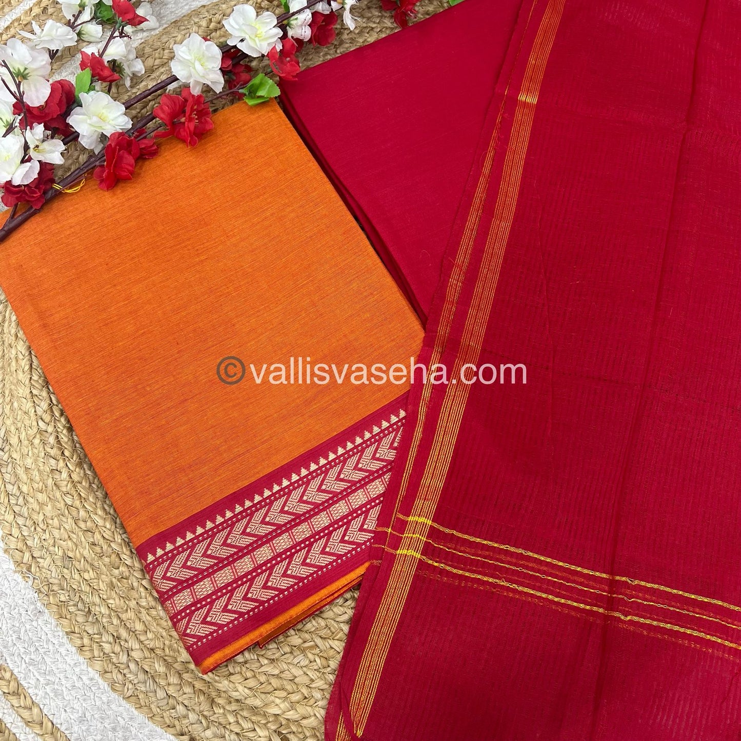Unstitched Salwar Material - Mangalagiri Cotton - Orange & Red Shade - VVUSM014