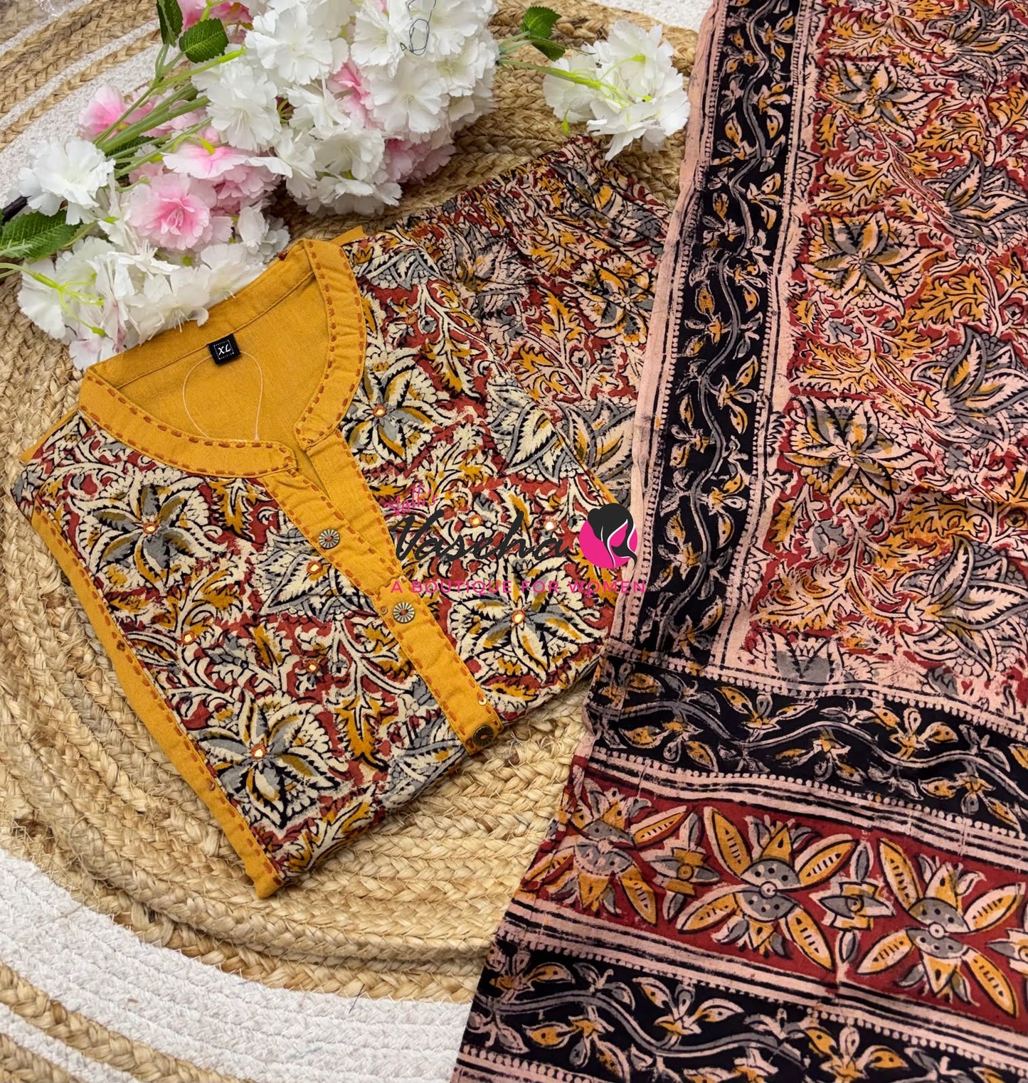 Ready Made - Pure Kalamkari Cotton - Salwar,Kameez & Duppatta(3pc)-Yellow- VVRKC002