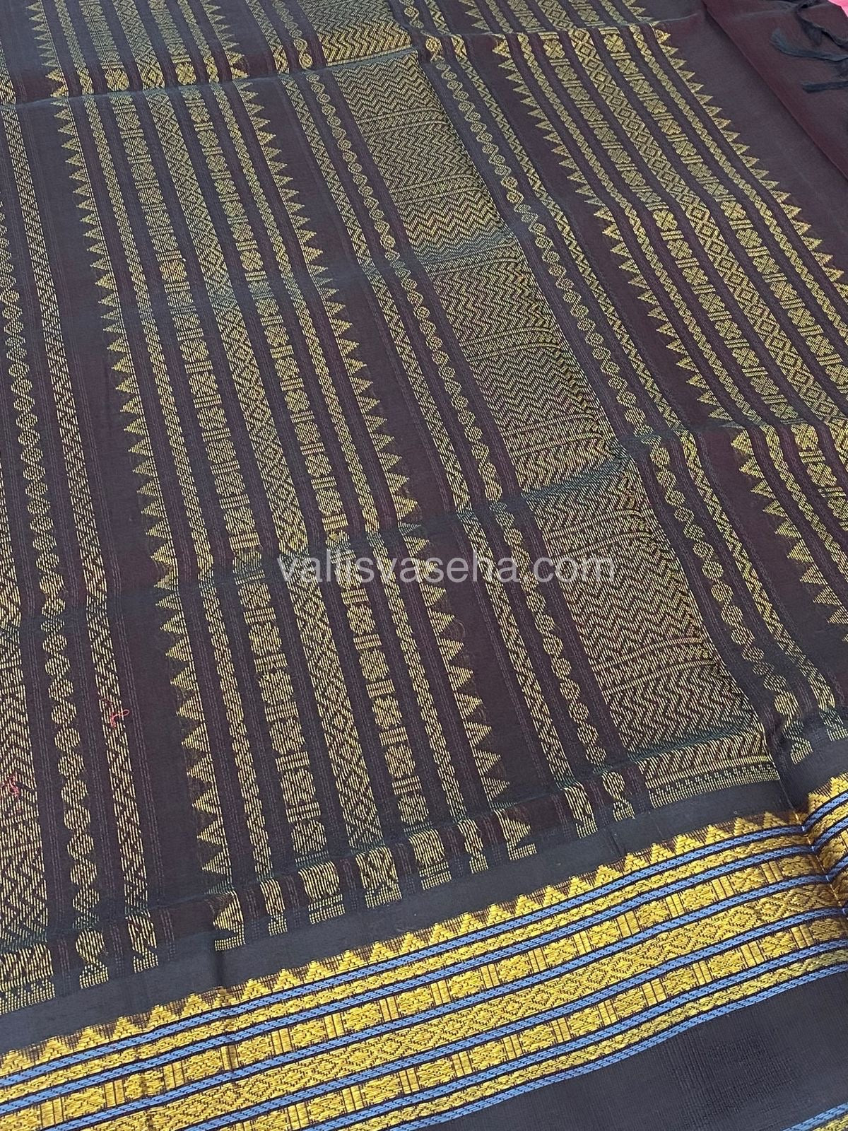 Pure Korvai Silk Cotton Saree - Onion Pink with Coffee Brown - Retta Petta border - VVKSC004