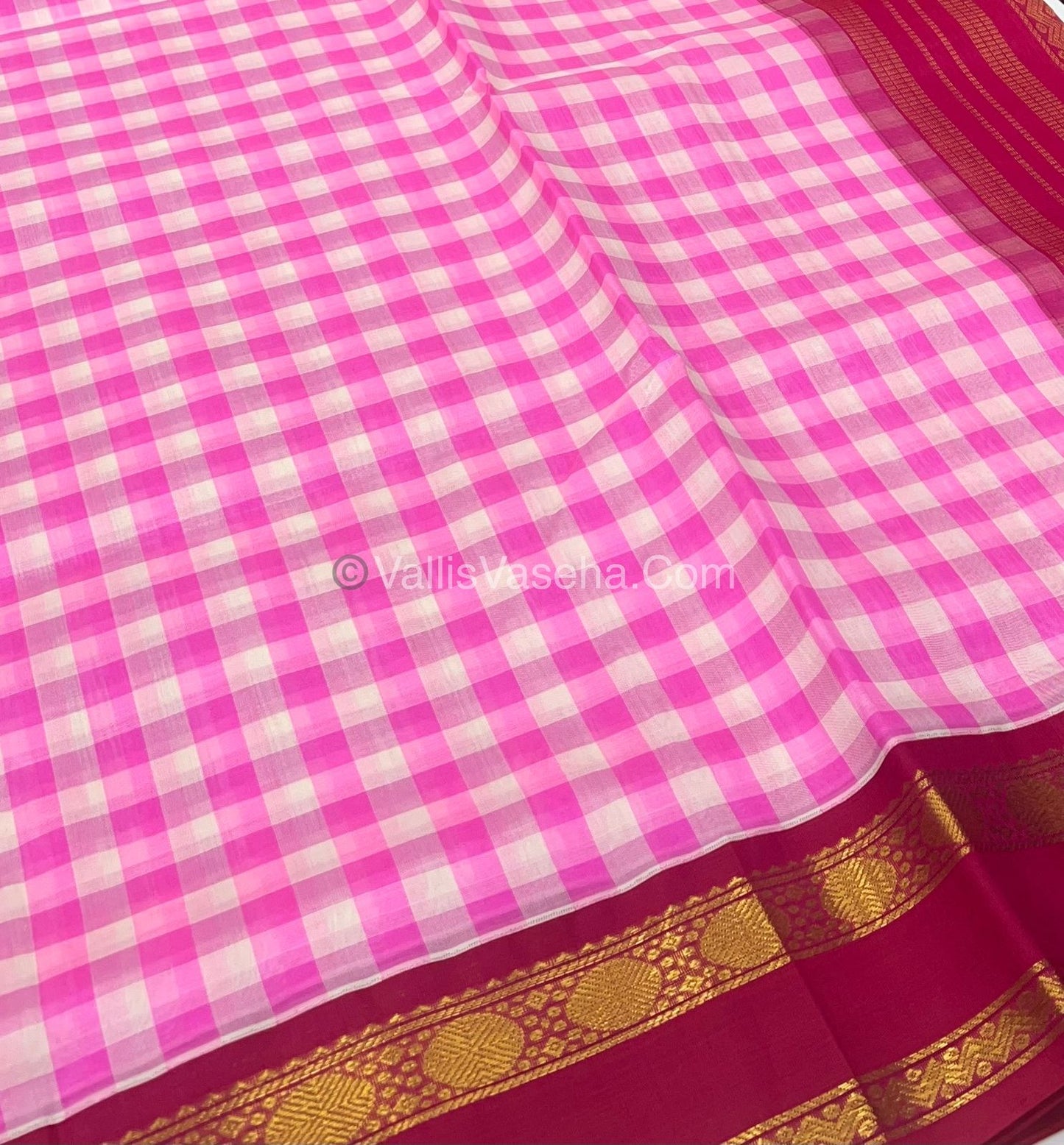 Pure Korvai Silk Cotton With Retta Petta Border - White & Pink Kattam pattern - VVKSC003