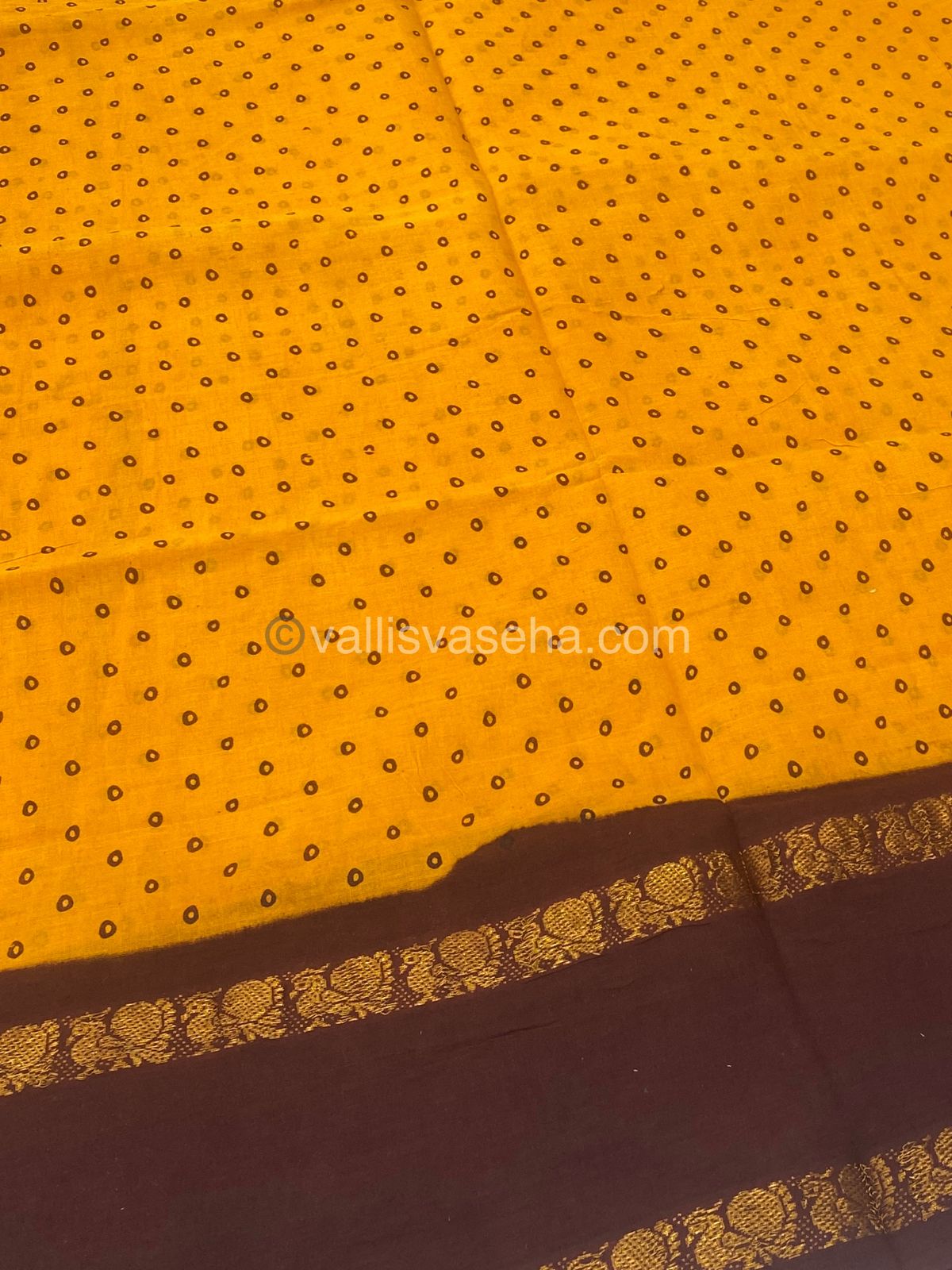 Sungudi Cotton Saree | Bandhini Design - Mango Yellow with Brown Shade - VVSCV003