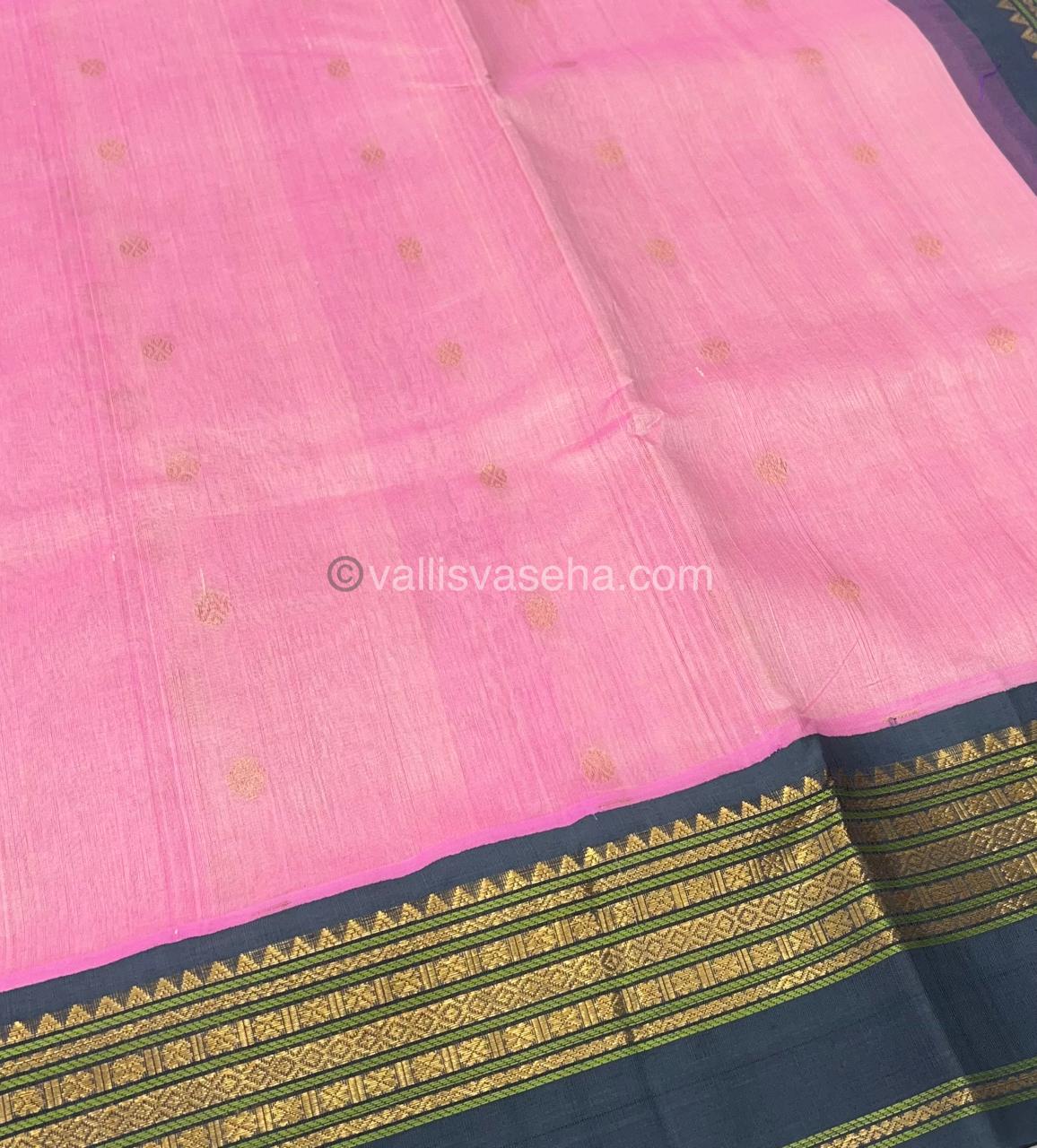 Pure Korvai Silk Cotton Saree - Light Baby Pink with Light Greyish Blue - Retta Petta border - VVKSC004