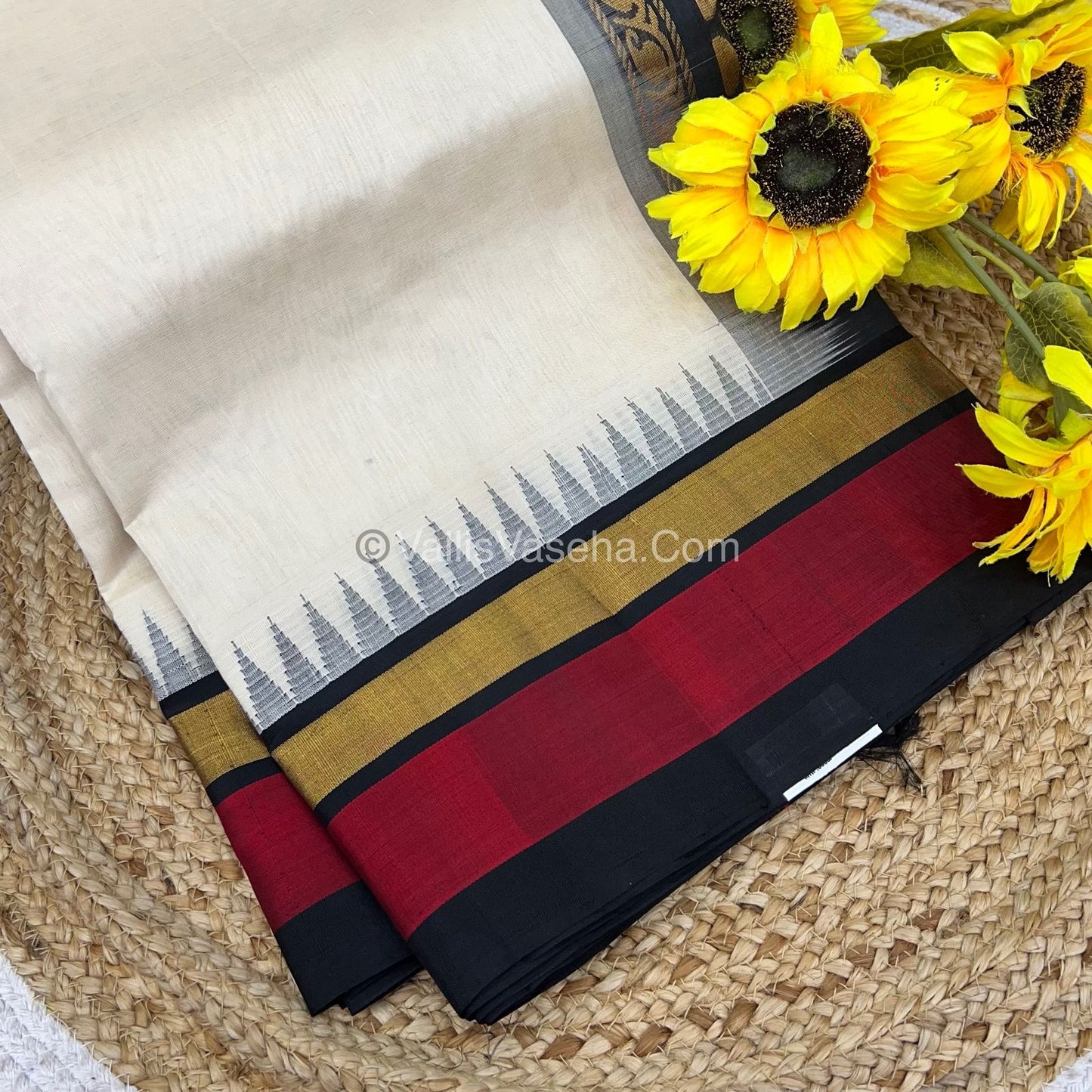 Pure Korvai Silk Cotton Saree - Cream With Black Shade Temple border - VVKSC001