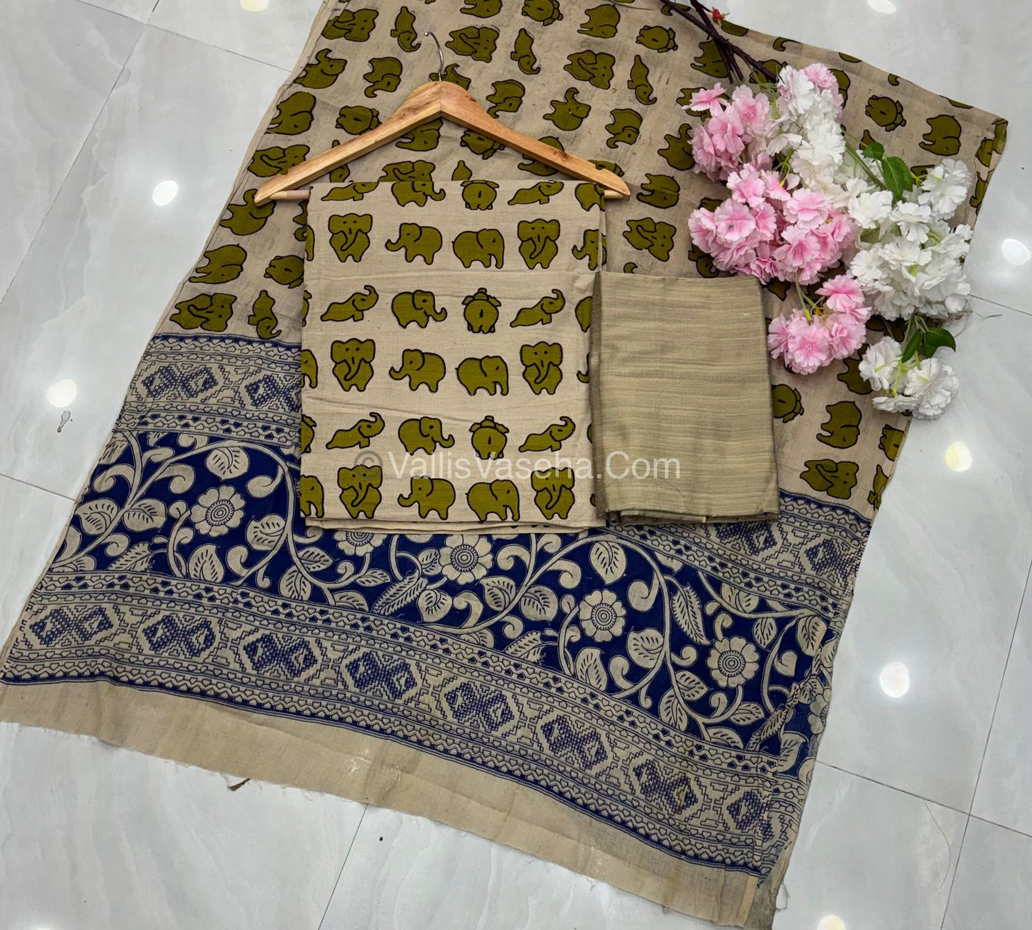 Unstitched Salwar Material -Kalamkari & Raw Silk -Mehandhi Green Shade - VVUSM018