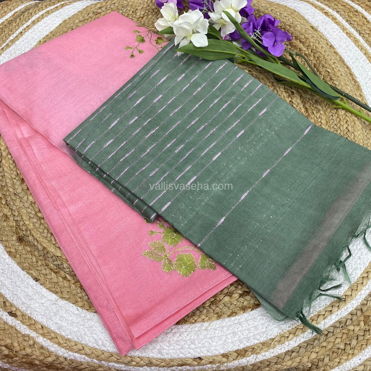 Bhagalpuri Silk - Embroidered - Light Pink & Green - VVBS001