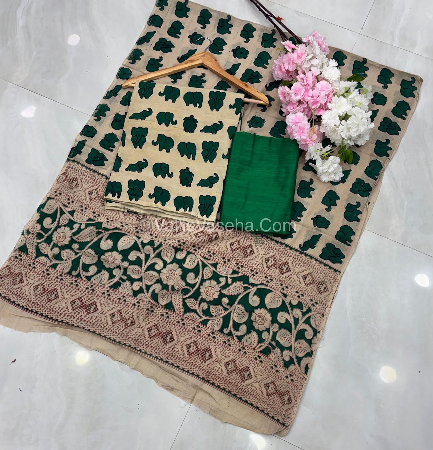 Unstitched Salwar Material -Kalamkari & Raw Silk - Green Shade - VVUSM018