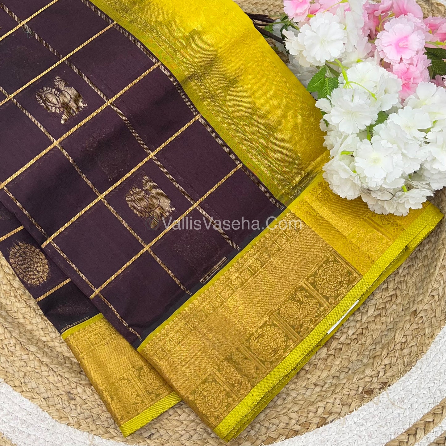 Pure Silk Cotton Saree - Mayil & Chakkaram Design - Brownish Wine With Lemon Yellowish Green Shade - VVMC001