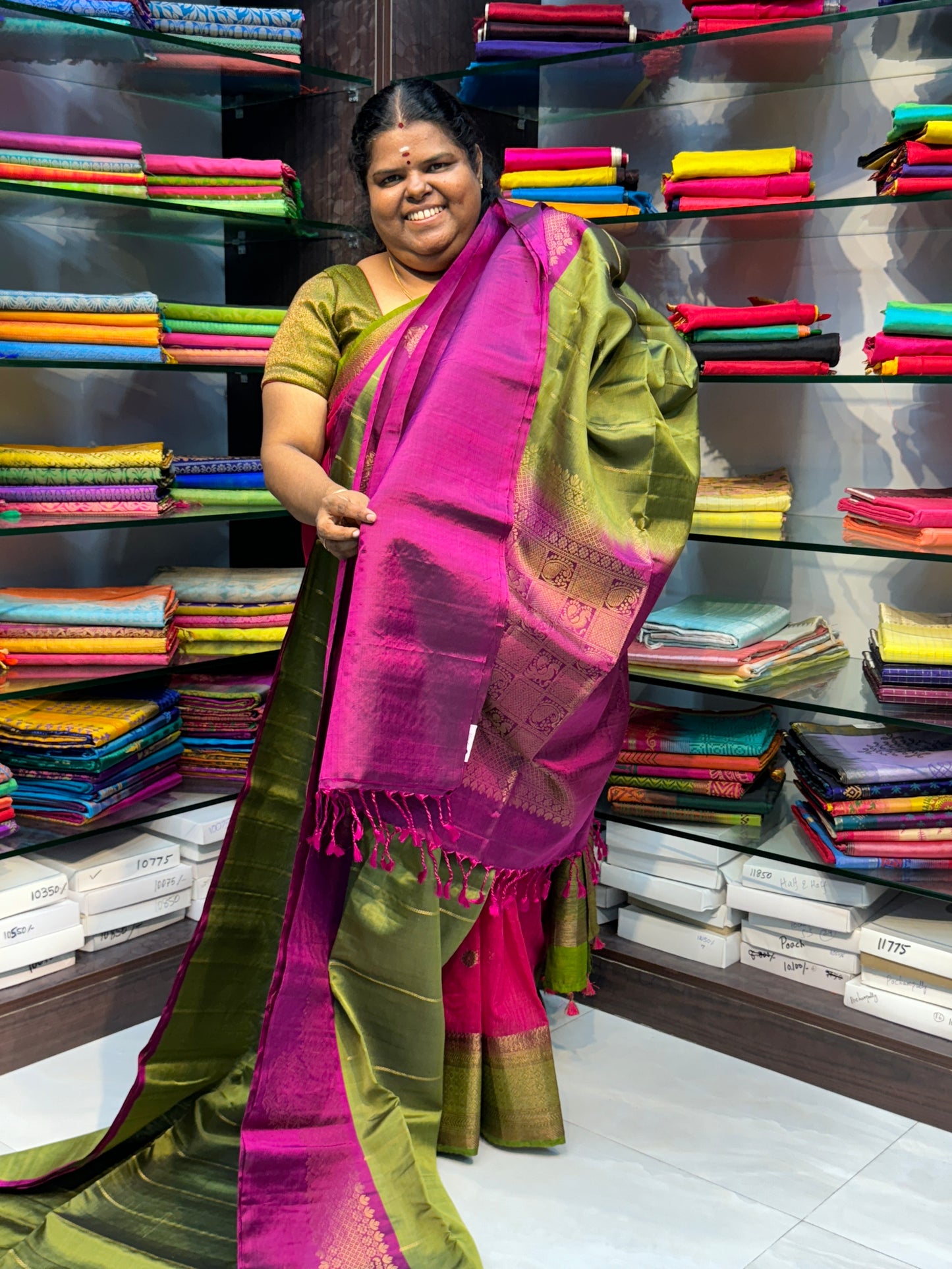 Pure Soft Silk Saree - Green with Purplish Pink - VVPSS022