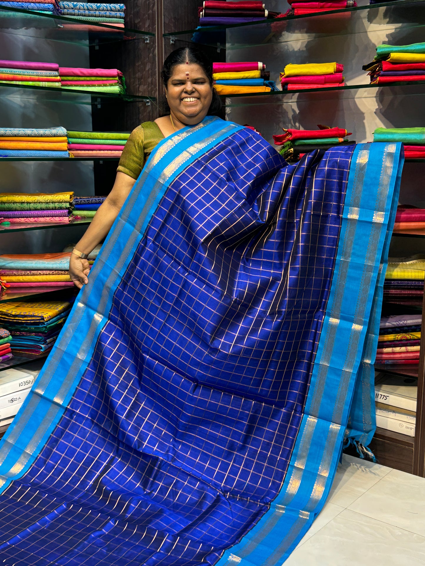 Pure Korvai Silk Cotton With Retta Petta Border - Checks pattern - Blue & Blue - VVKSC013