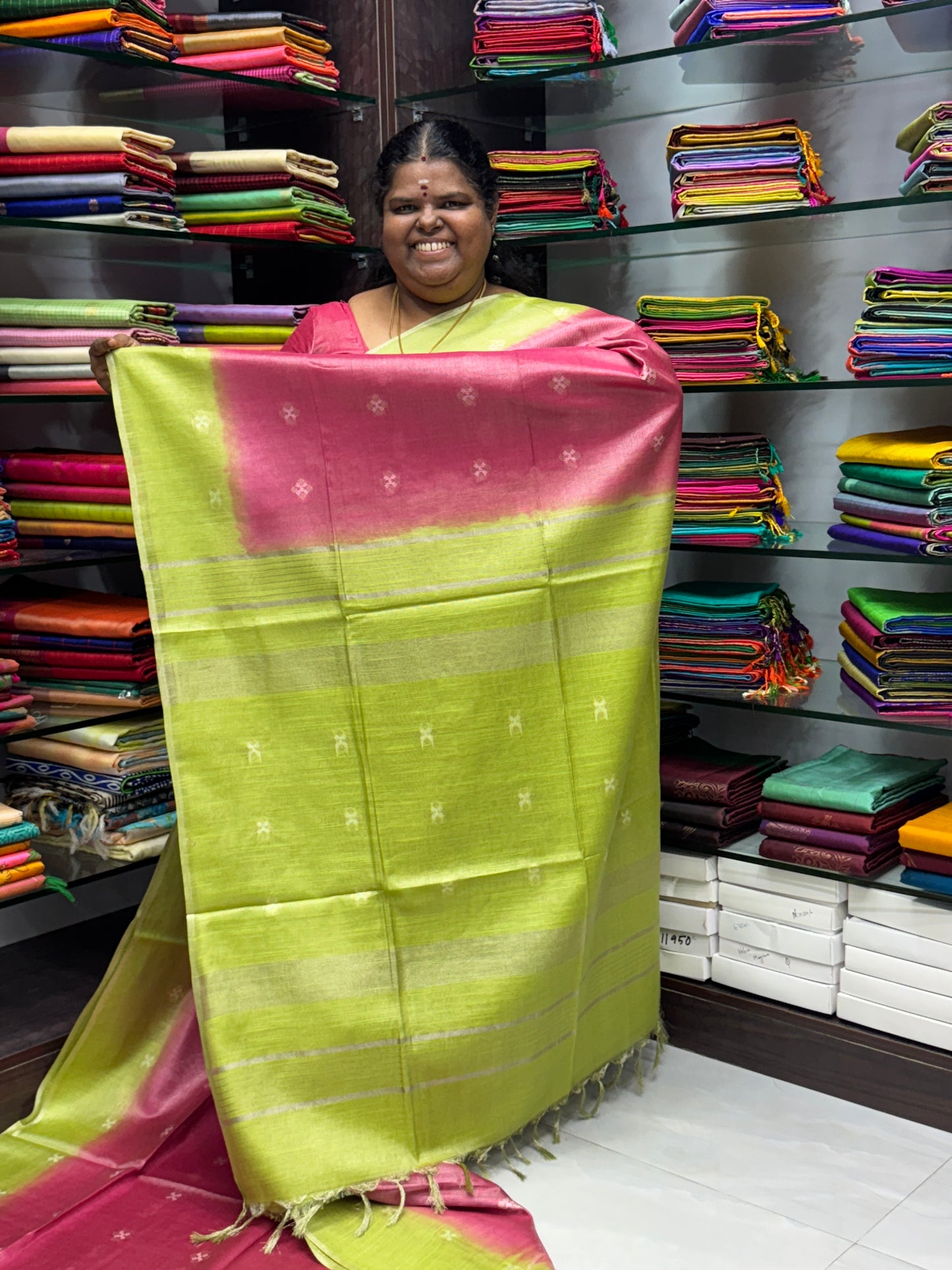 Bhagalpuri Silk - Vaira Voosi Lines -Pink & Green Combo - VVBSV001