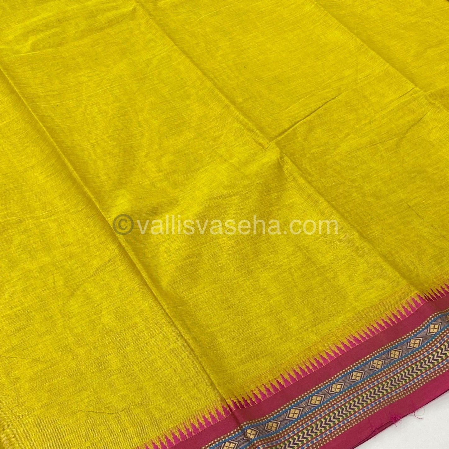 Kanchi Cotton Saree - Lemon Yellow with Pink - VVKCS003