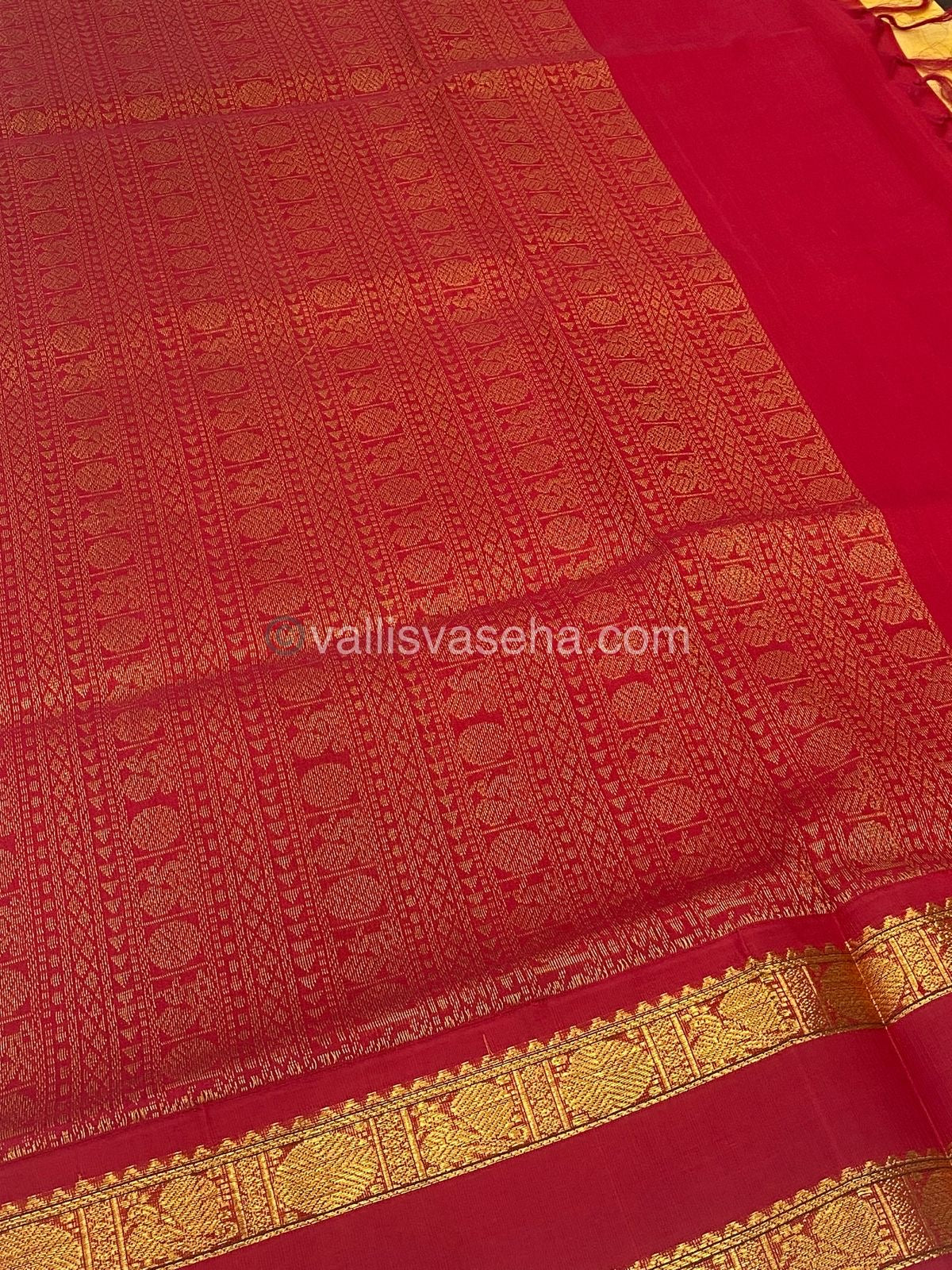 Pure Korvai Silk Cotton Saree - Creamish Gold with Red - Retta Petta border - VVKSC004
