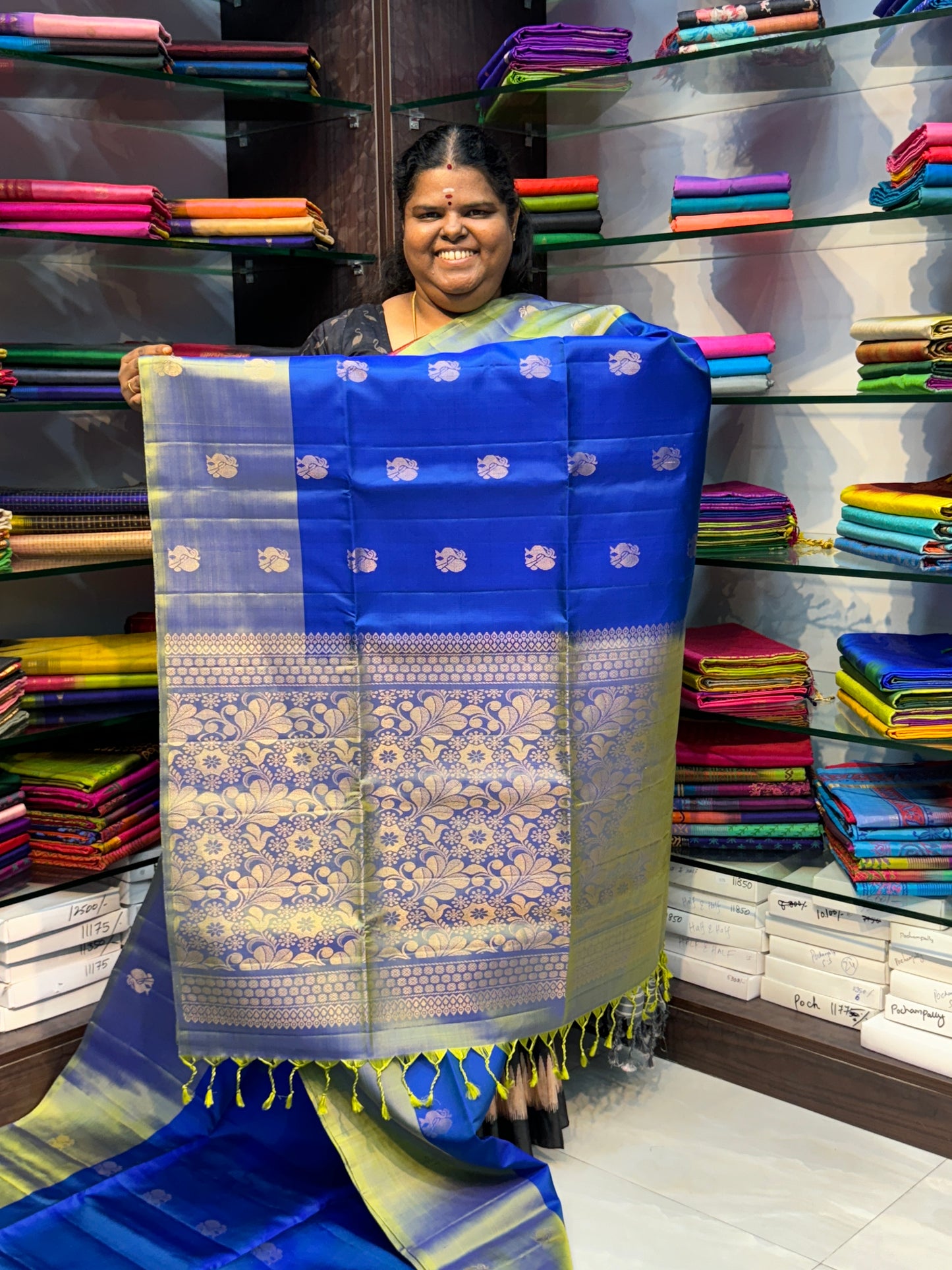 Pure Soft Silk Saree - Blue with double tone Greyish Green - VVPSS010