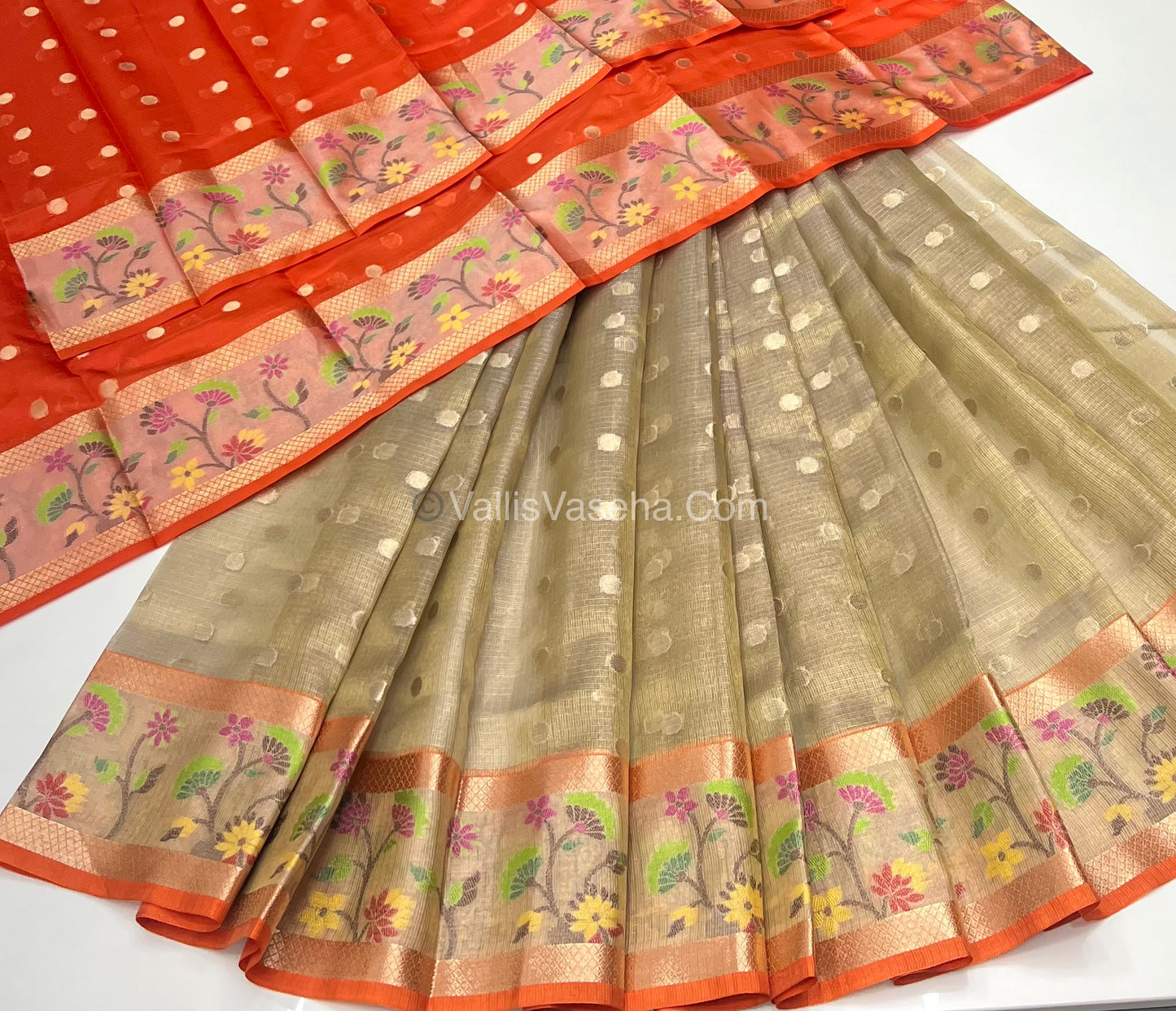 Pre Booking (5 - 7weeks Time) Unstitched - Lehenga Material - Zari Kota Tissue - Creamish Gold & Orange - VVULM001