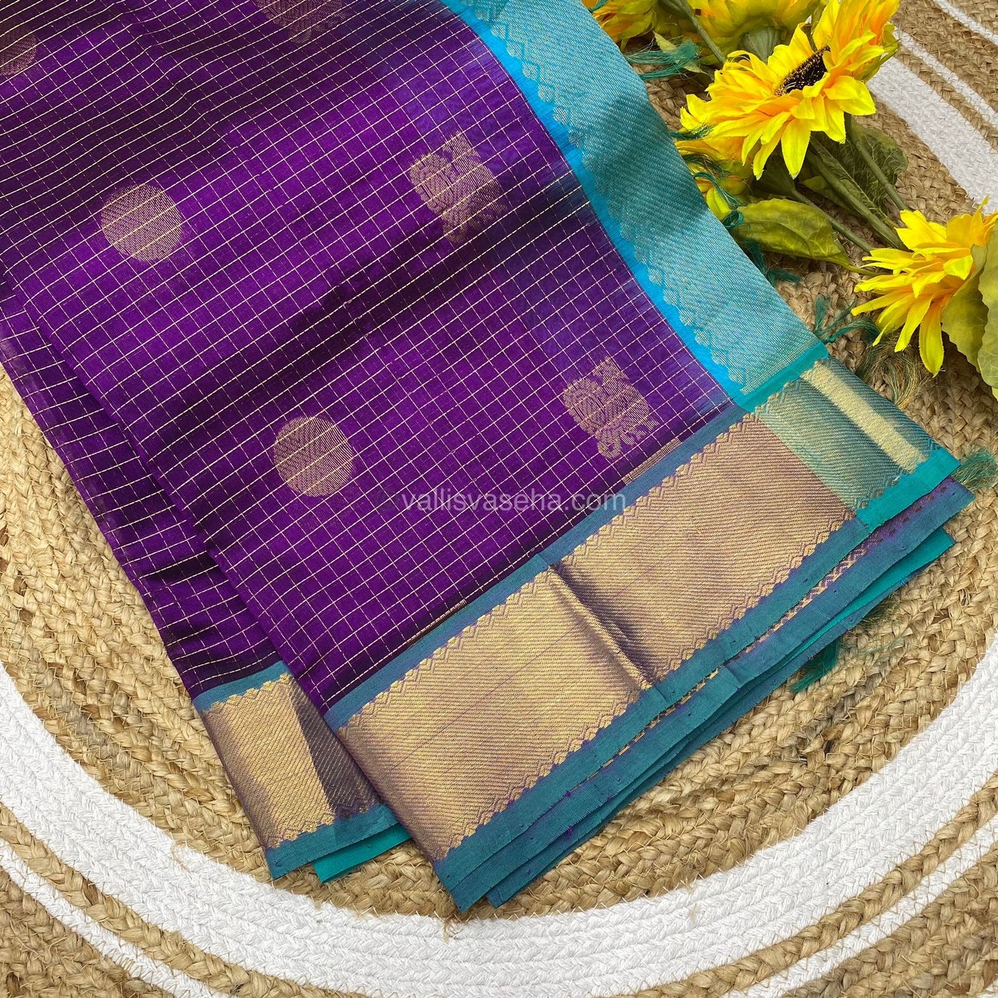 Pure Silk Cotton Saree - Mayil & Chakkaram Design - Purple with Turquoise Blue Combo - VVMC002