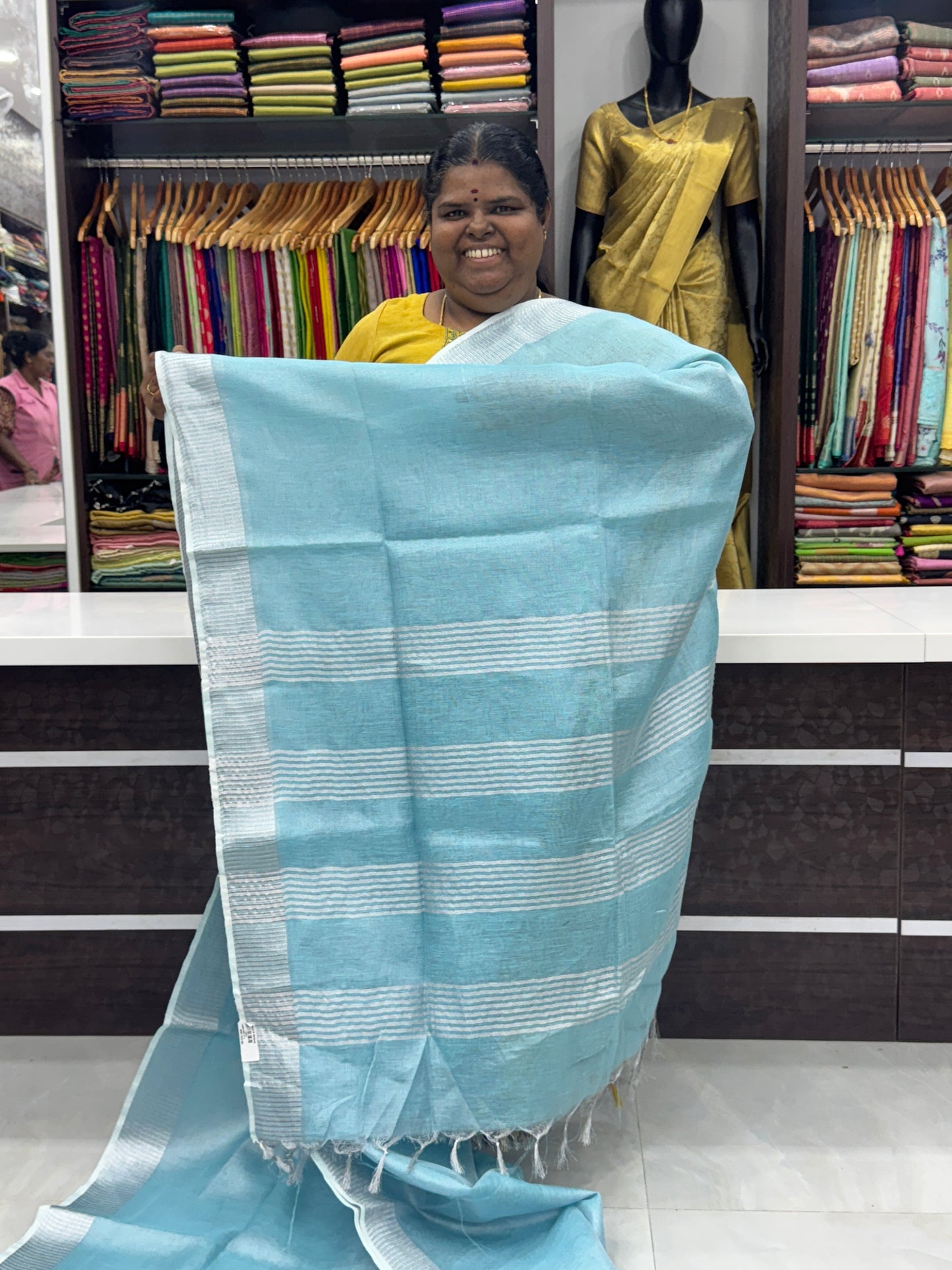 Tissue Linen Saree - Light Blue Shade - VVTLS001