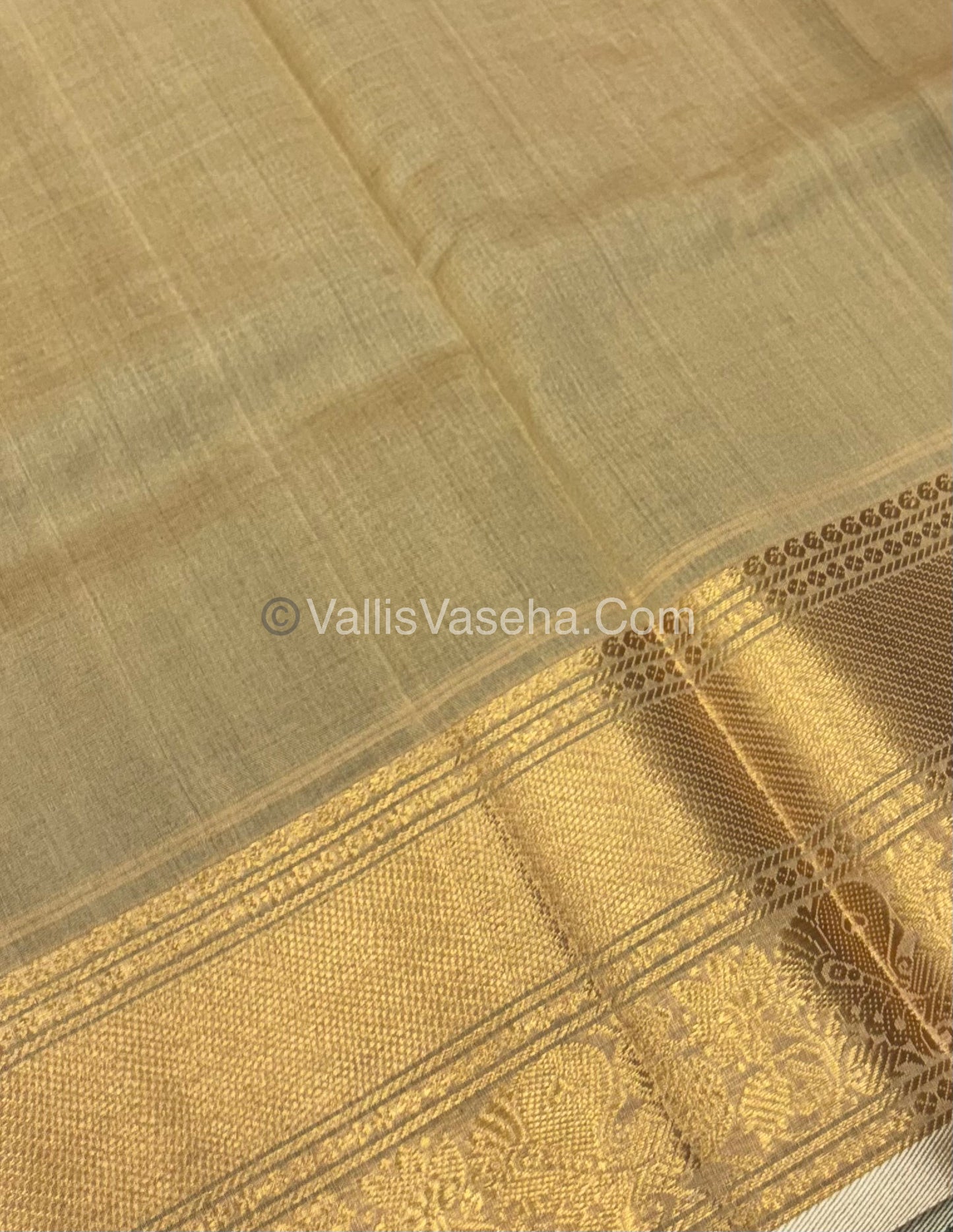 Pure Korvai Silk Cotton - Checks Pattern - Green With Creamish Golden Shade - VVKSC033