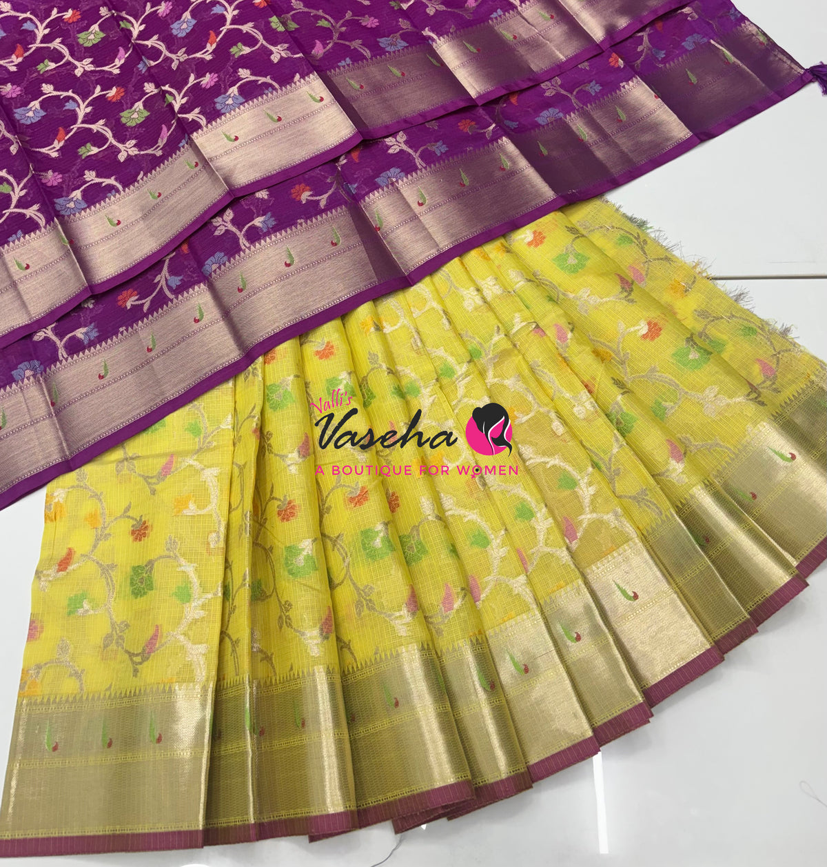 Unstitched - Lehenga Material - Zari Kota Tissue - Yellow & Purple - VVULM003