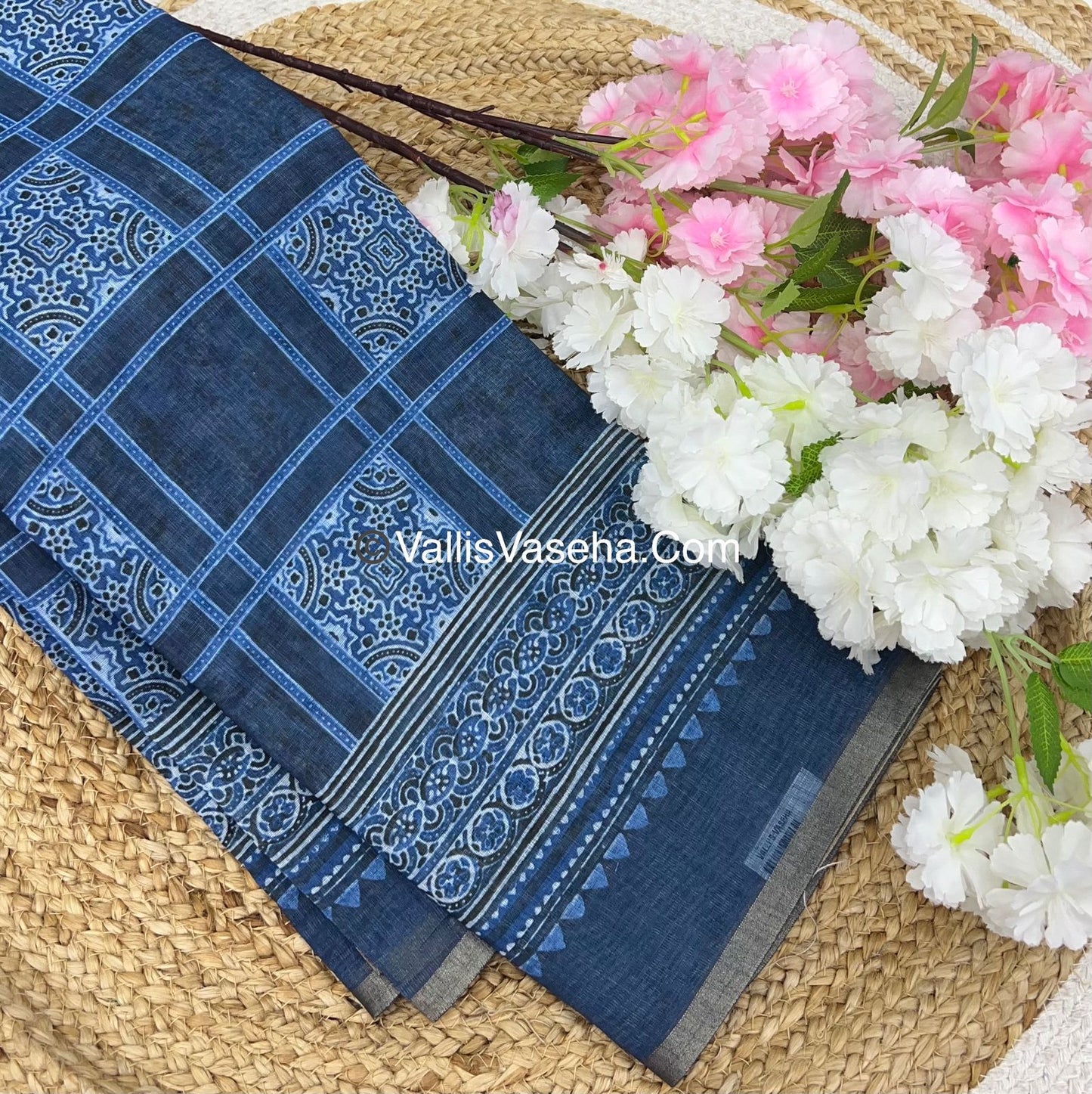 Linen Mixed Cotton Saree - Indigo Blue - Printed - VVLMP001