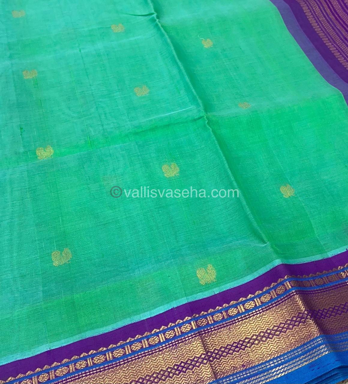 Pure Korvai Silk Cotton Saree - Sea Green with Purpe Combo - VVKSC004