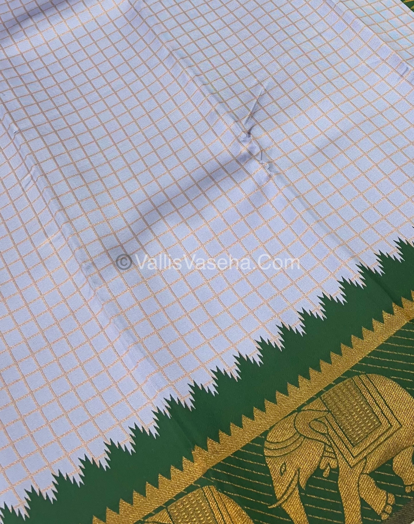 Semi Silk Saree - Kanchi Silk Style - Elephant Border - Ice Blue with Green - VVSSS005