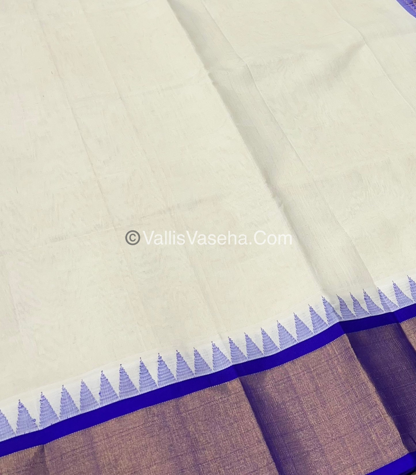 Pure Korvai Silk Cotton Saree - Cream With Blue Shade Temple border - VVKSC001