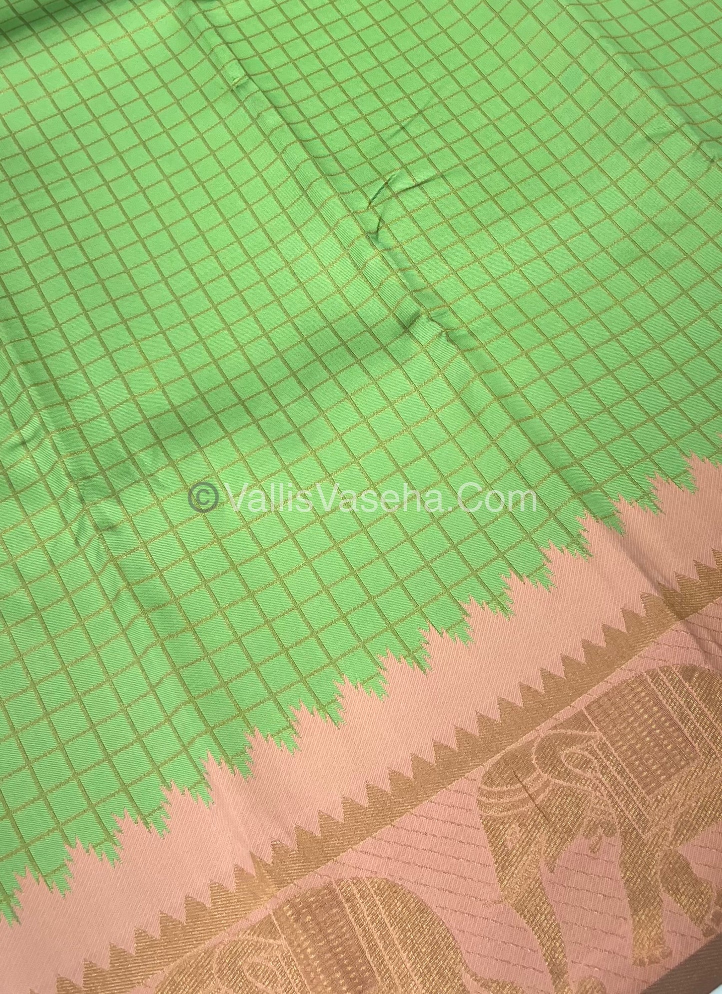 Semi Silk Saree - Kanchi Silk Style - Elephant Border - Pista green with Peach - VVSSS005