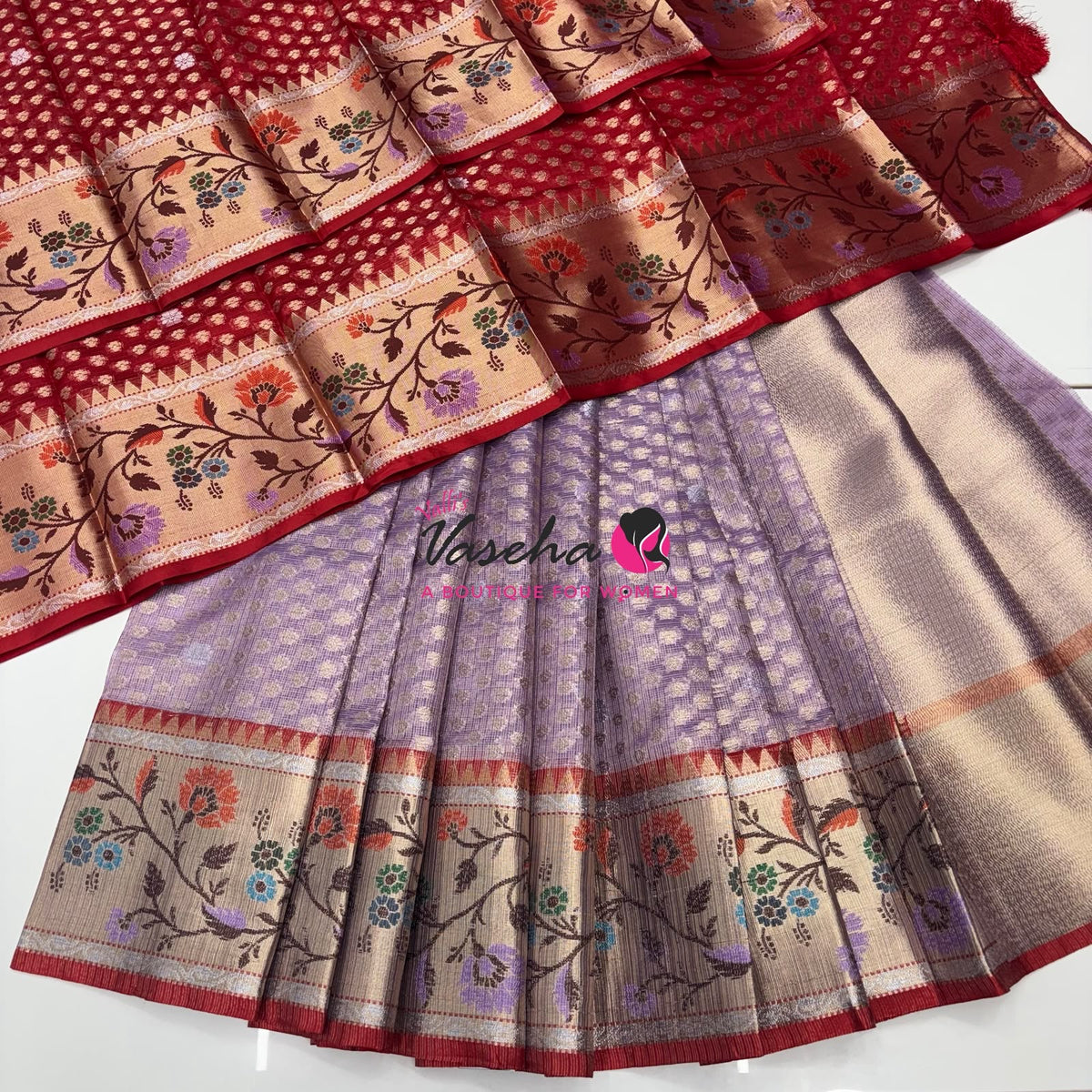 Unstitched - Lehenga Material - Zari Kota Tissue - Lavender & Red - VVULM001