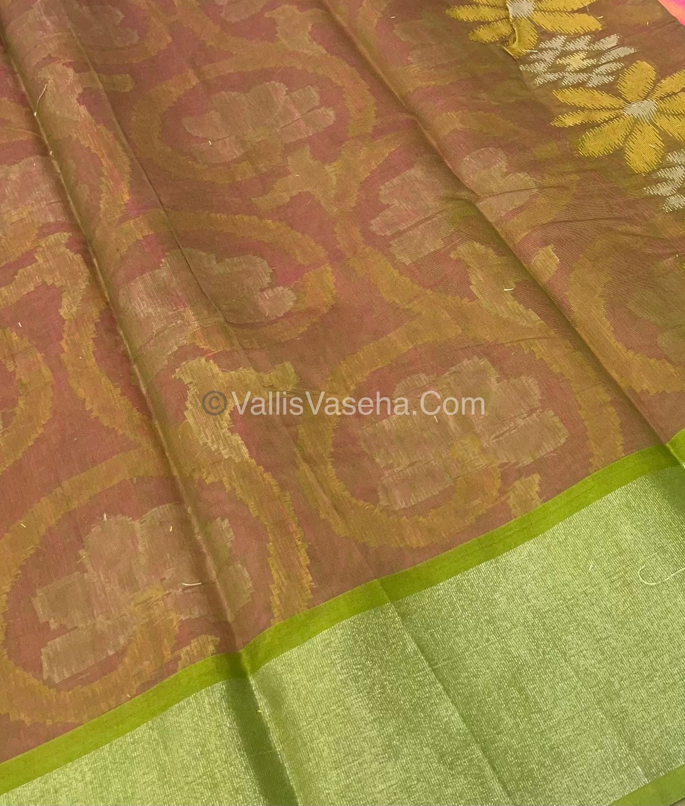 Banarasi Pochampally Weaving Semi Soft Cotton Saree - Pink with Green- VVBPS001